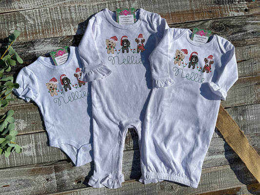 Custom Embroidered, Monogrammed, Personalized Puppy Christmas Trio Ruffle Gown, Onesie, or Romper