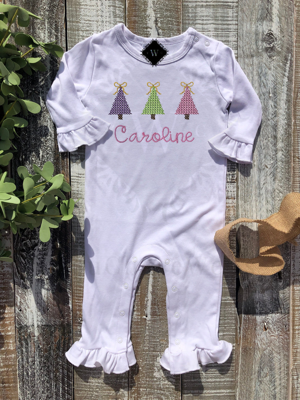 Girl, Embroidered Gown, Onesie, and Romper, Holiday Outfit, Girl Holiday Outfit, Christmas Trees, Custom, Personalized, Baby Gown, Romper