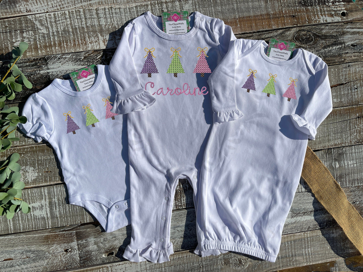 Girl, Embroidered Gown, Onesie, and Romper, Holiday Outfit, Girl Holiday Outfit, Christmas Trees, Custom, Personalized, Baby Gown, Romper