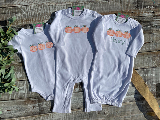 Custom Embroidered, Monogrammed, Personalized Pumpkin Trio Sketch Gown, Onesie, or Romper