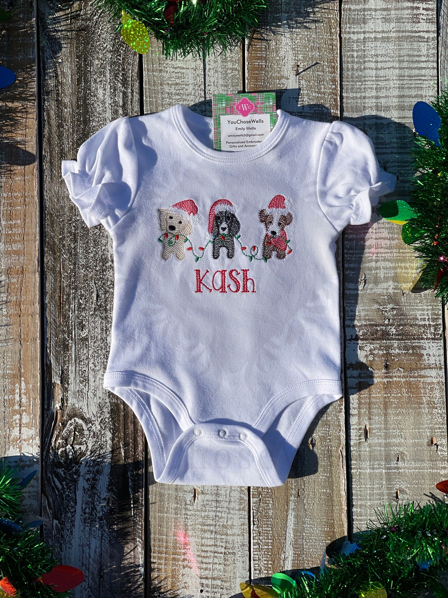 Custom Embroidered, Monogrammed, Personalized Puppy Christmas Trio Ruffle Gown, Onesie, or Romper