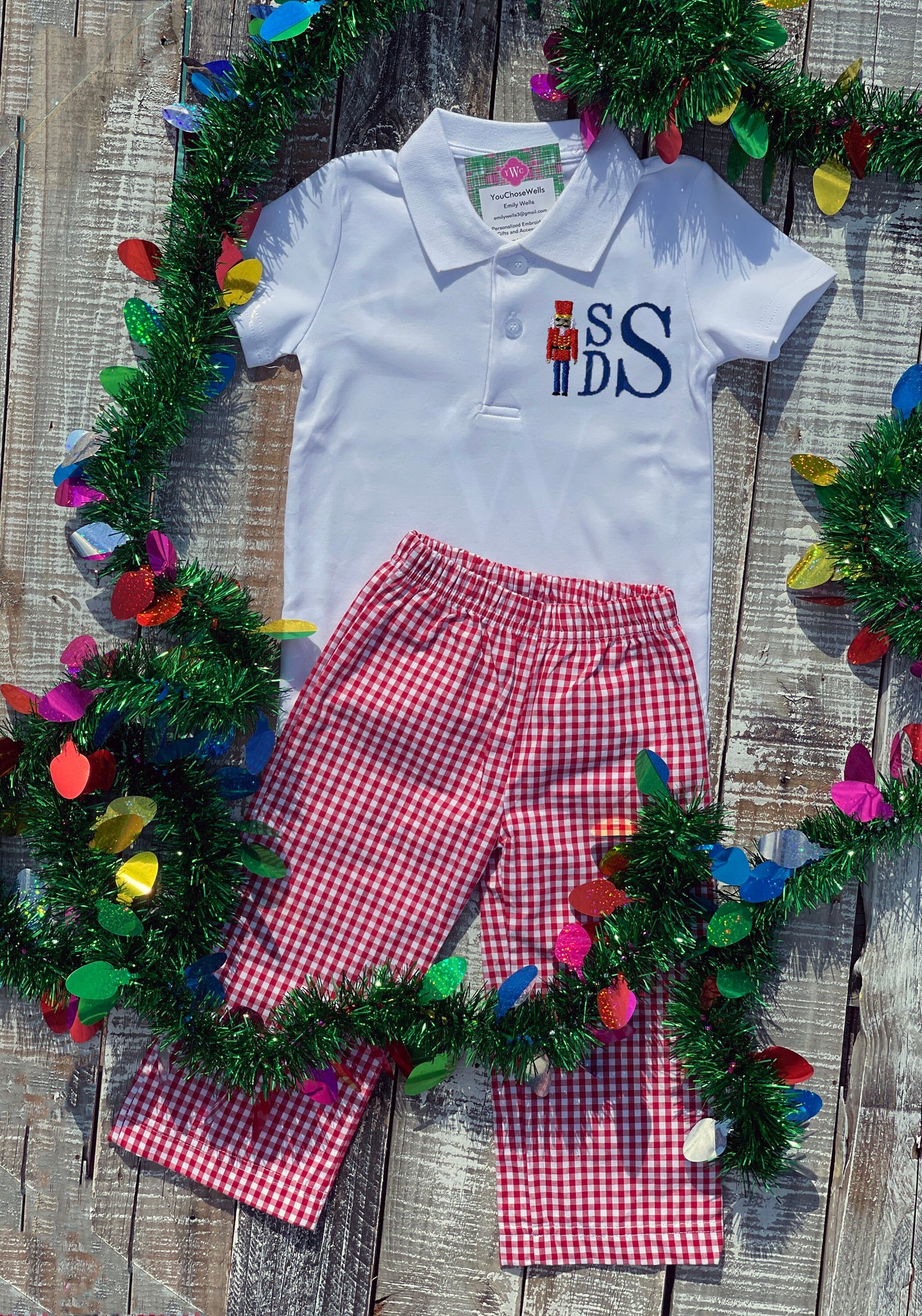 Boy, Embroidered Christmas Nutcracker Monogram Polo Shirt and Pant Set, Holiday Outfit, Boy Gingham Pant Set, Custom, Personalized, Polo