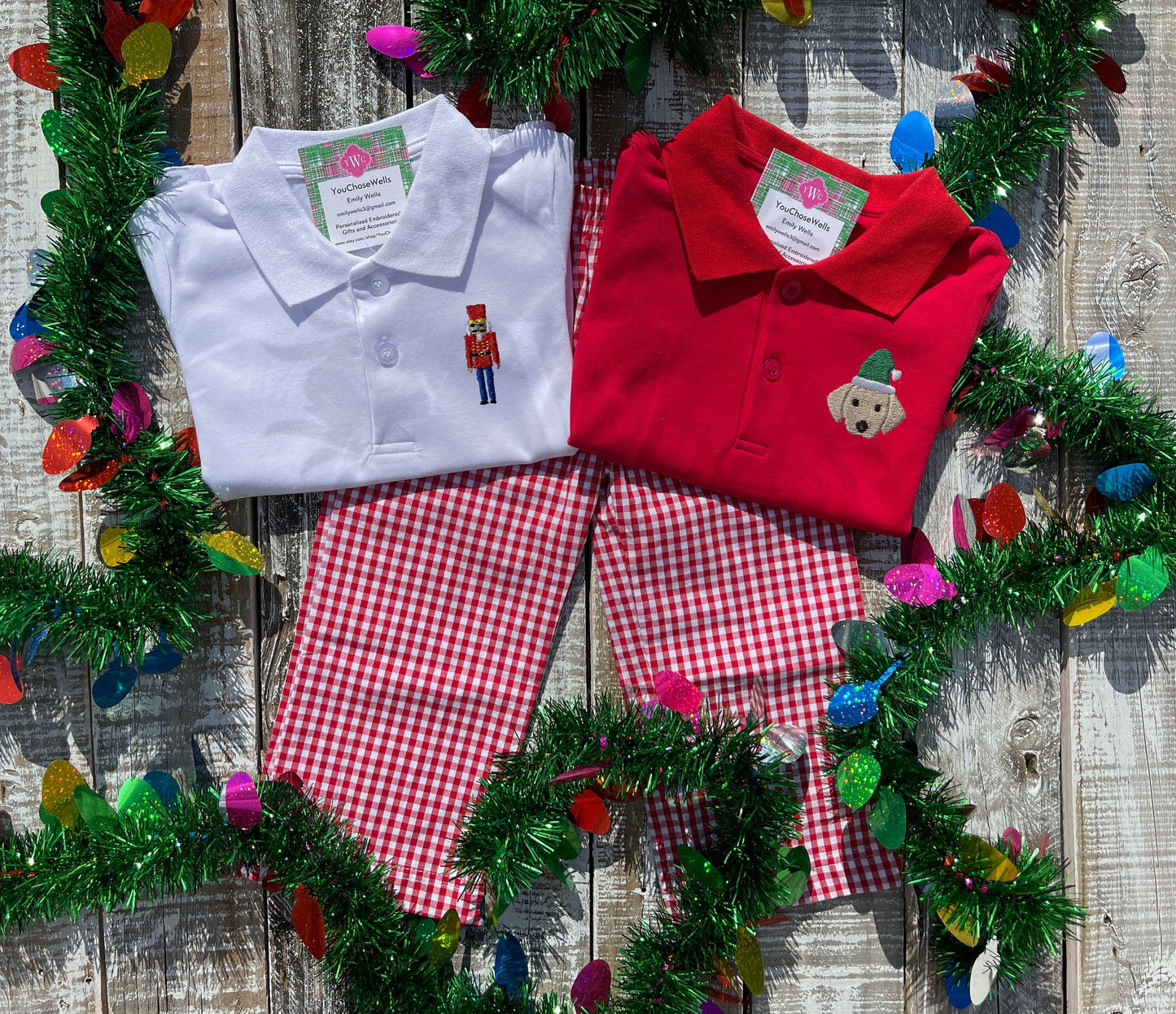 Custom Embroidered, Personalized Christmas Mini Polo Shirt and Red Gingham Pant Set