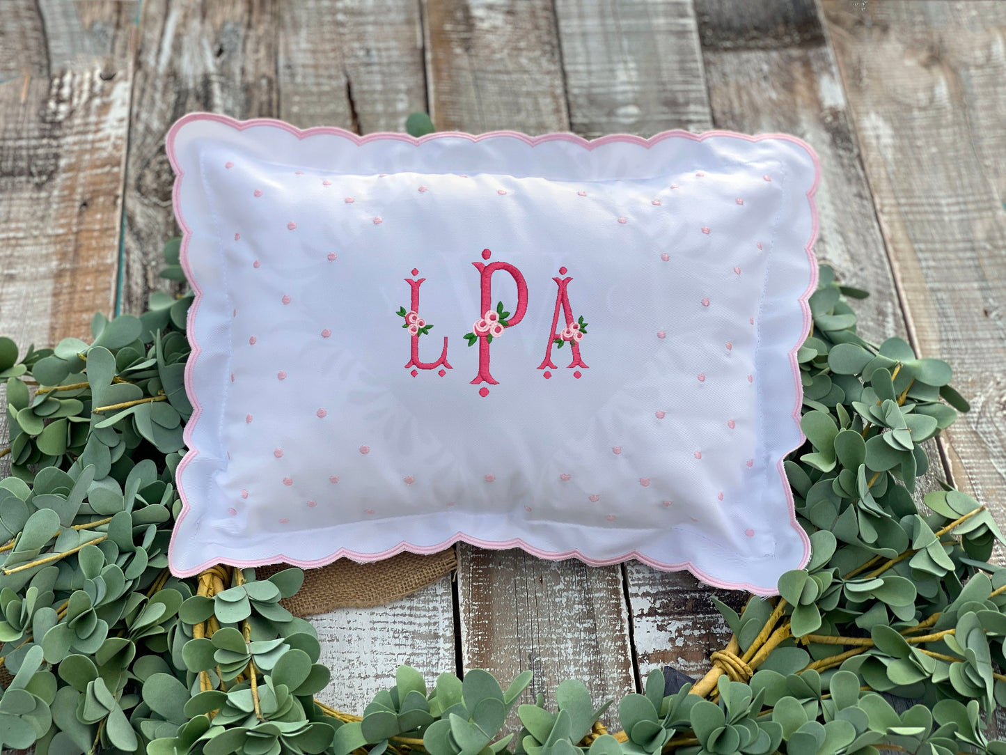 Custom Embroidered, Personalized, Monogrammed Dotted Scalloped Pillow Sham and Insert