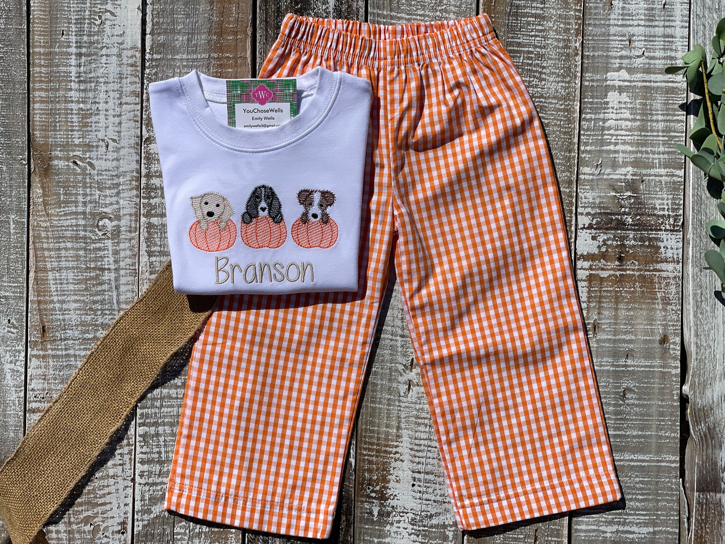 Custom Embroidered, Monogrammed, Personalized Puppy Pumpkin Trio Sketch Shirt and Orange Gingham Pant Set