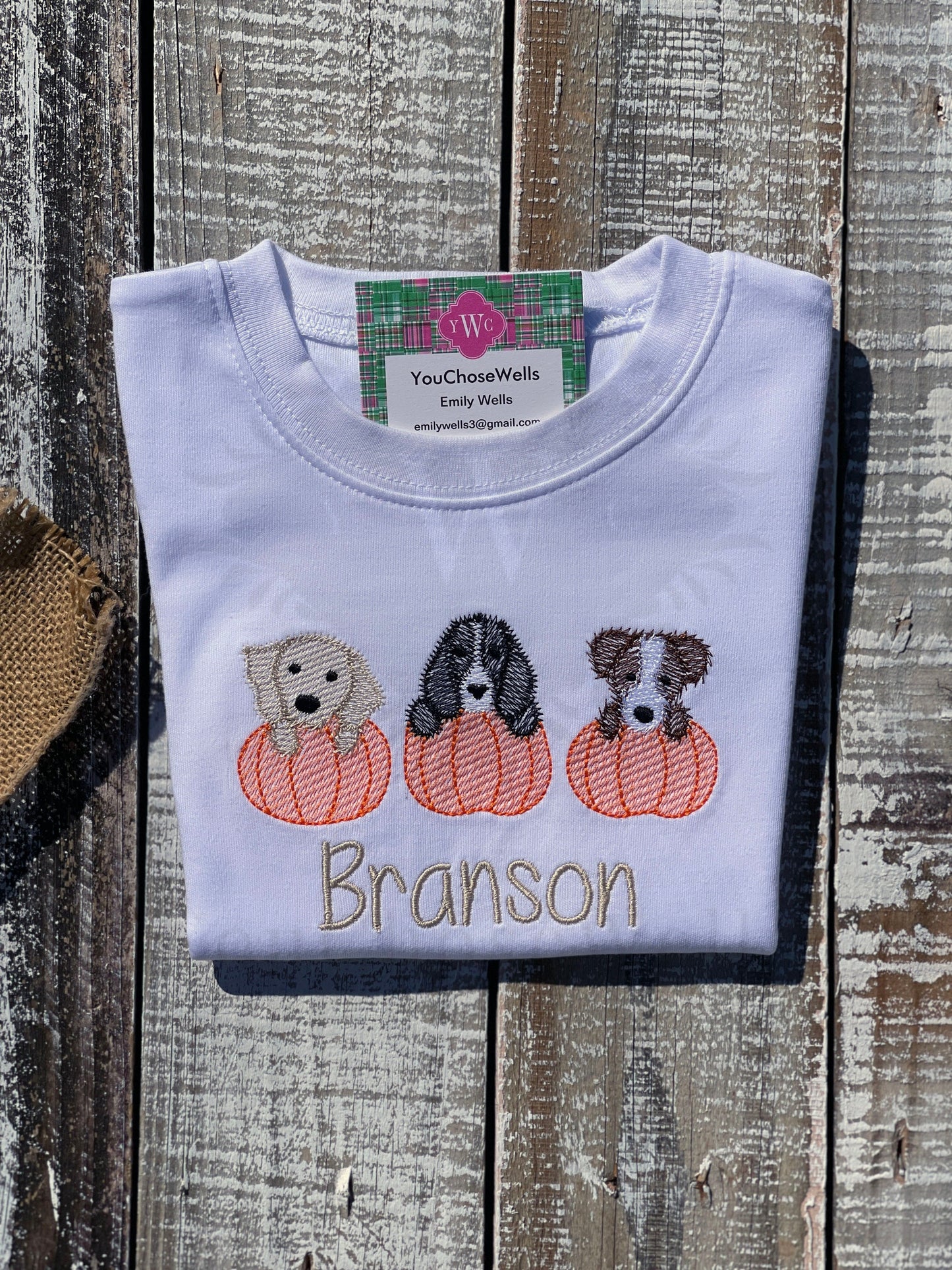 Custom Embroidered, Monogrammed, Personalized Puppy Pumpkin Trio Sketch Gown, Onesie, or Romper