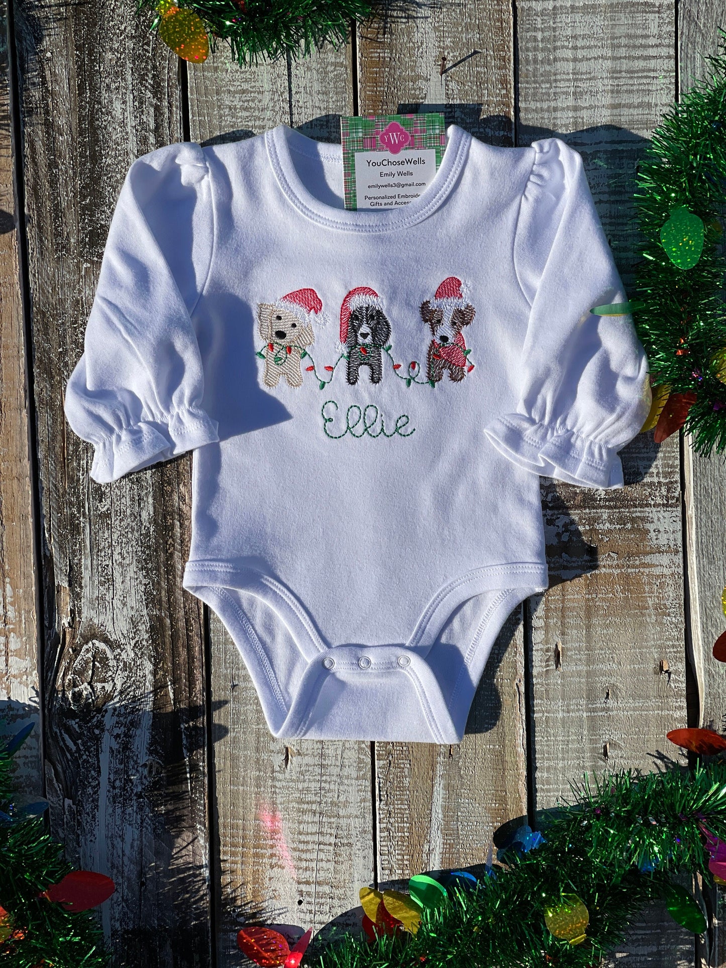 Custom Embroidered, Monogrammed, Personalized Puppy Christmas Trio Ruffle Gown, Onesie, or Romper