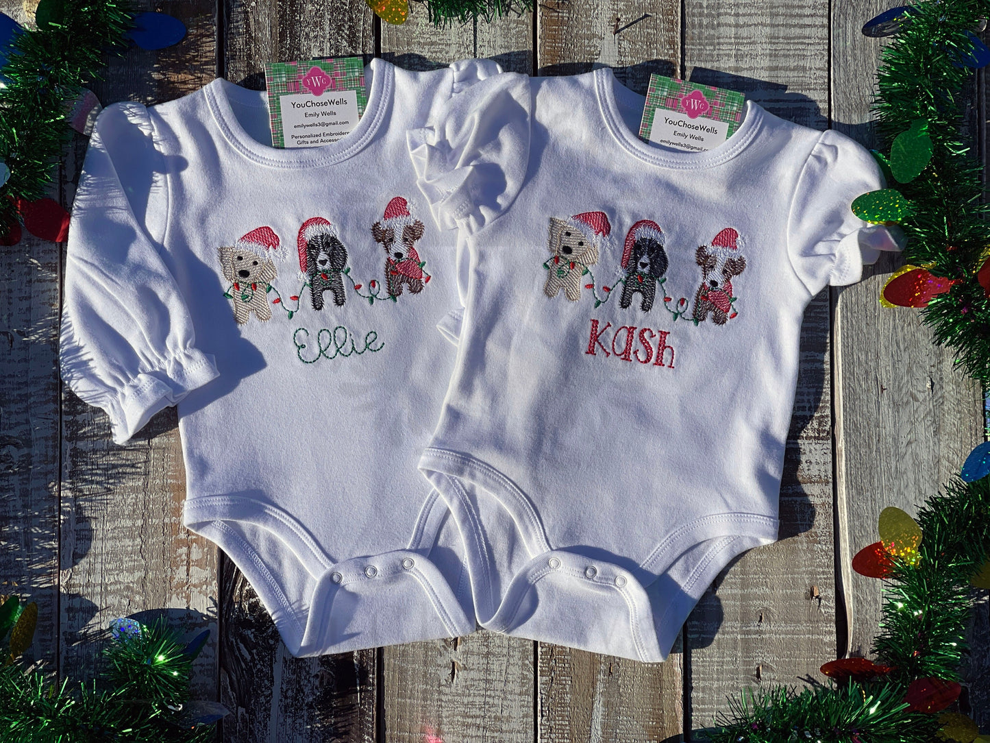 Custom Embroidered, Monogrammed, Personalized Puppy Christmas Trio Ruffle Gown, Onesie, or Romper