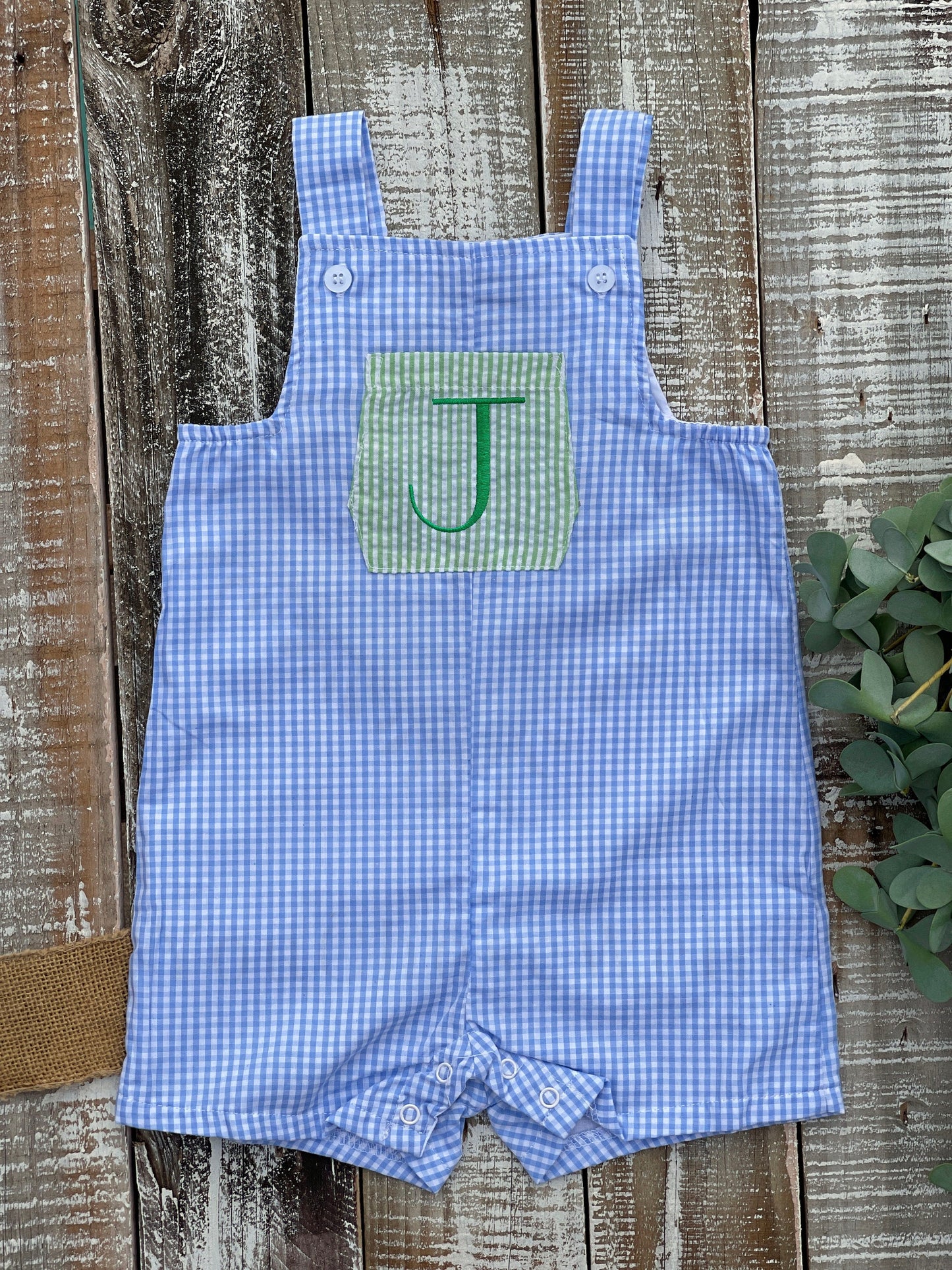 Boy Monogrammed Gingham Jon Jon, Sibling Sets, Baby Boy Shortall, Baby Boy Romper, Seersucker Jon Jon, Custom, Embroidered, Personalized