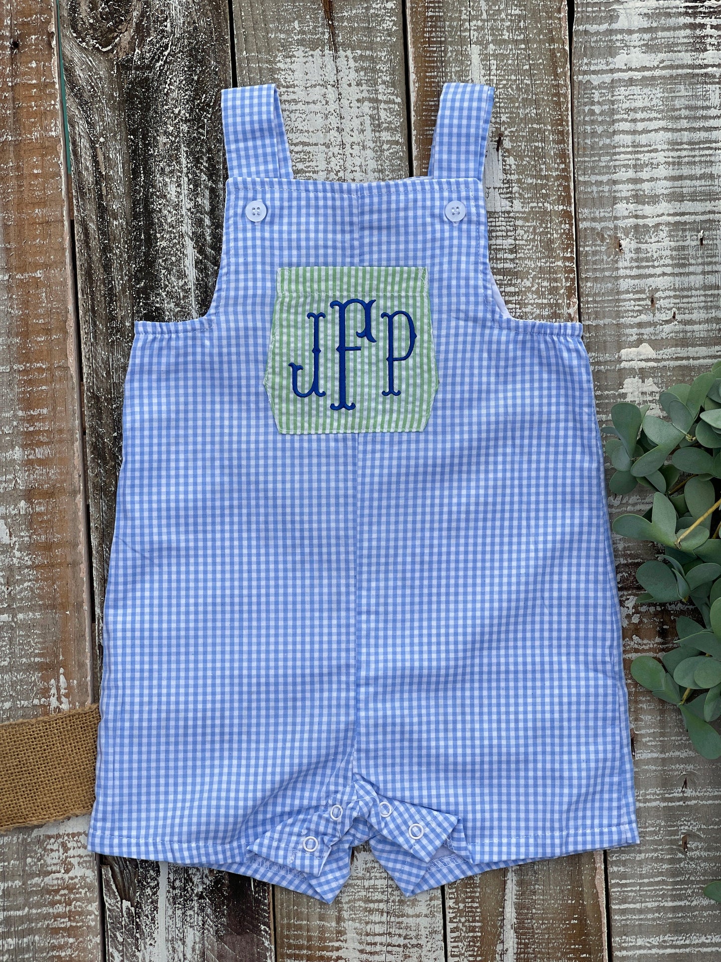 Boy Monogrammed Gingham Jon Jon, Sibling Sets, Baby Boy Shortall, Baby Boy Romper, Seersucker Jon Jon, Custom, Embroidered, Personalized