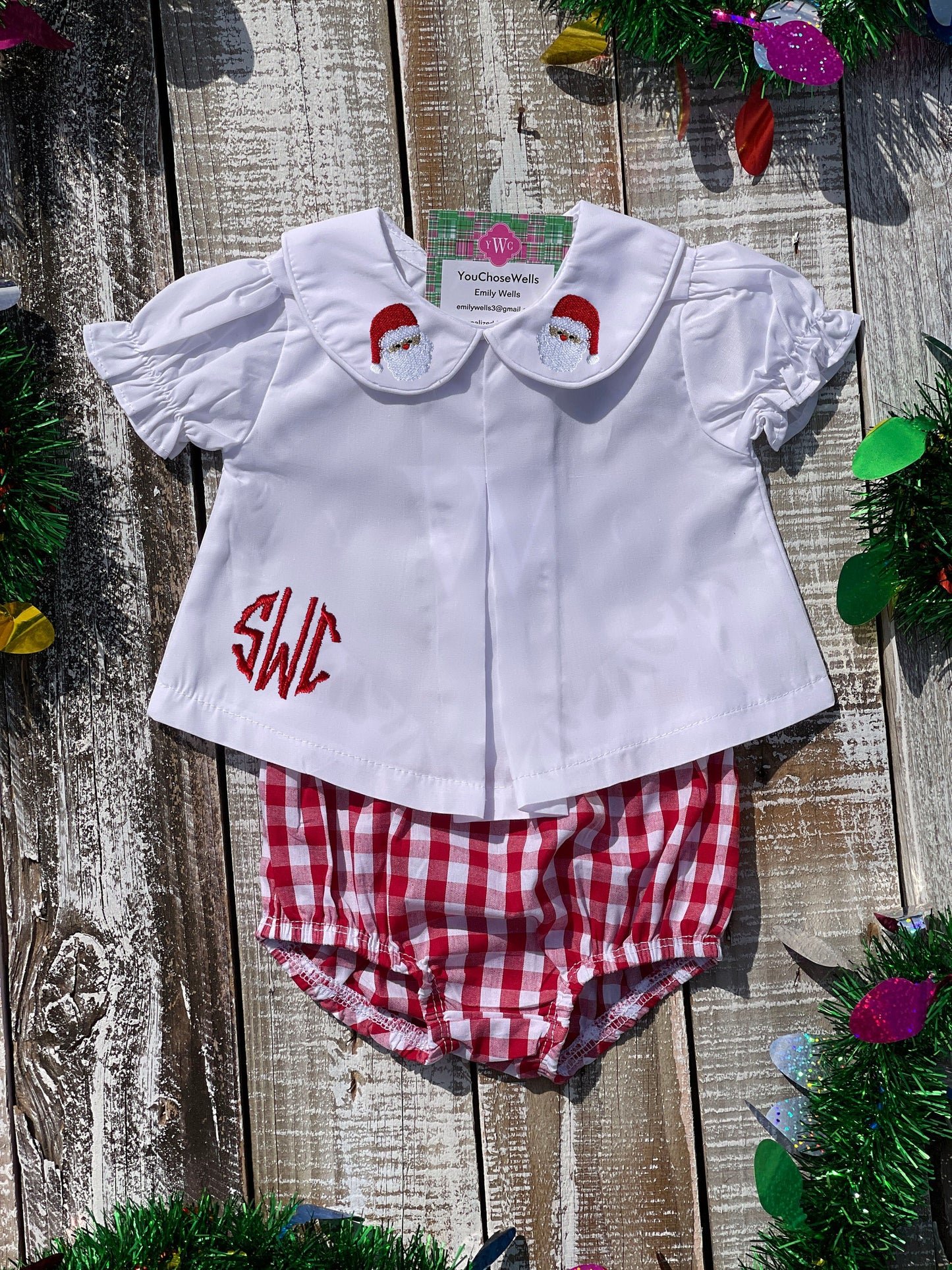 Custom Embroidered, Monogrammed, Personalized Hem, Christmas Mini Pleated Peter Pan Collar Shirt and Diaper Cover Set