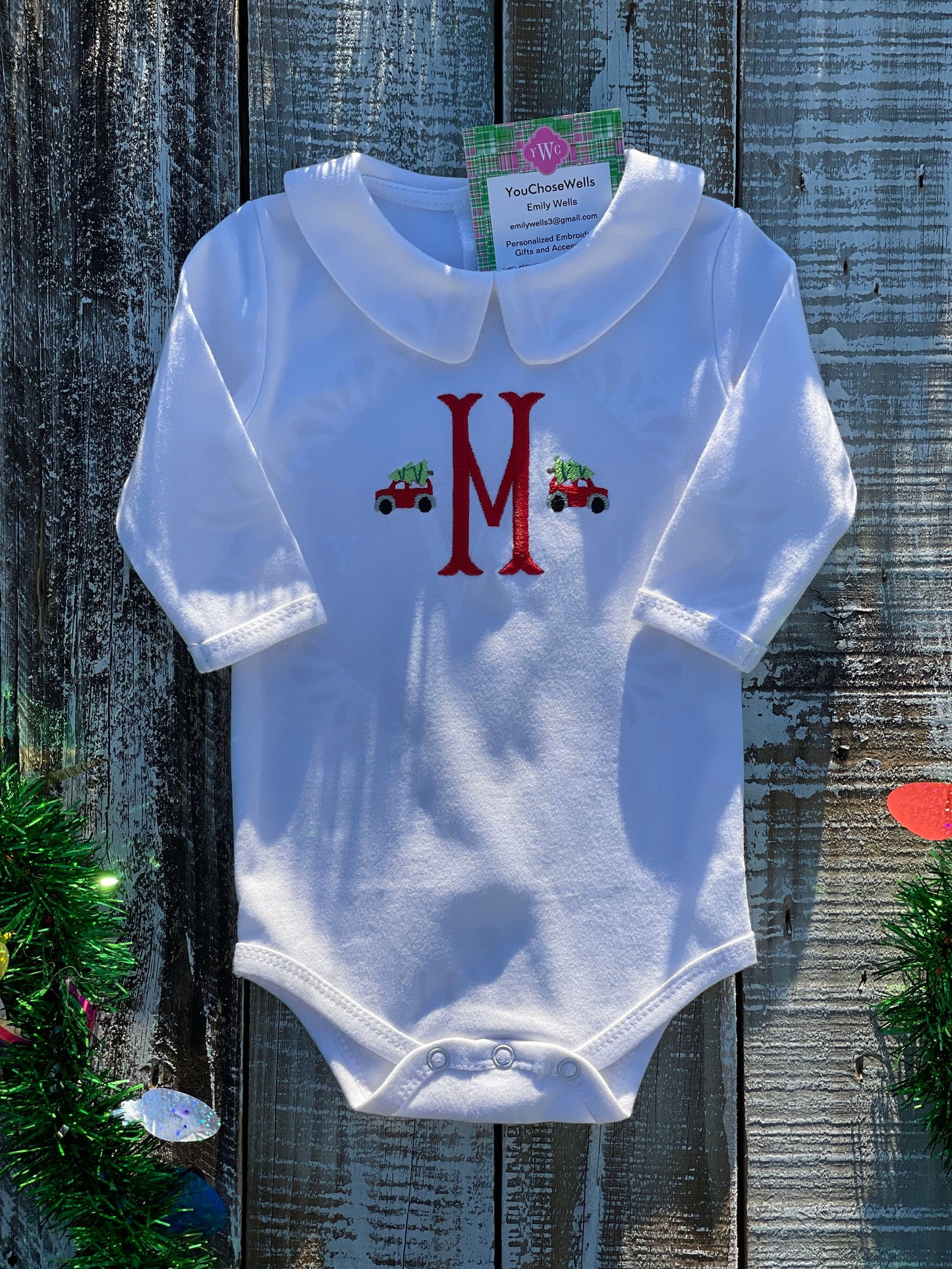 Custom Embroidered, Personalized, Monogrammed Christmas Mini Peter Pan Collar Onesie