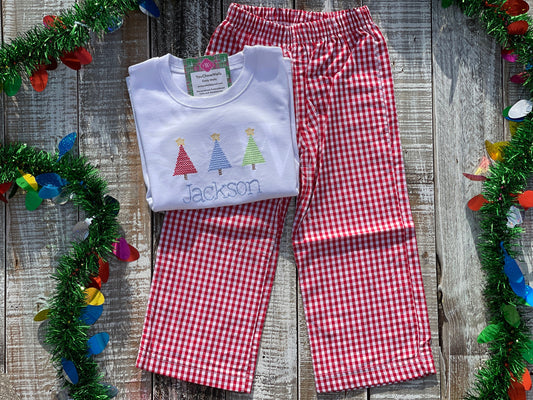 Custom Embroidered, Monogrammed, Personalized Christmas Tree Trio Cross Stitch Shirt and Red Gingham Pants