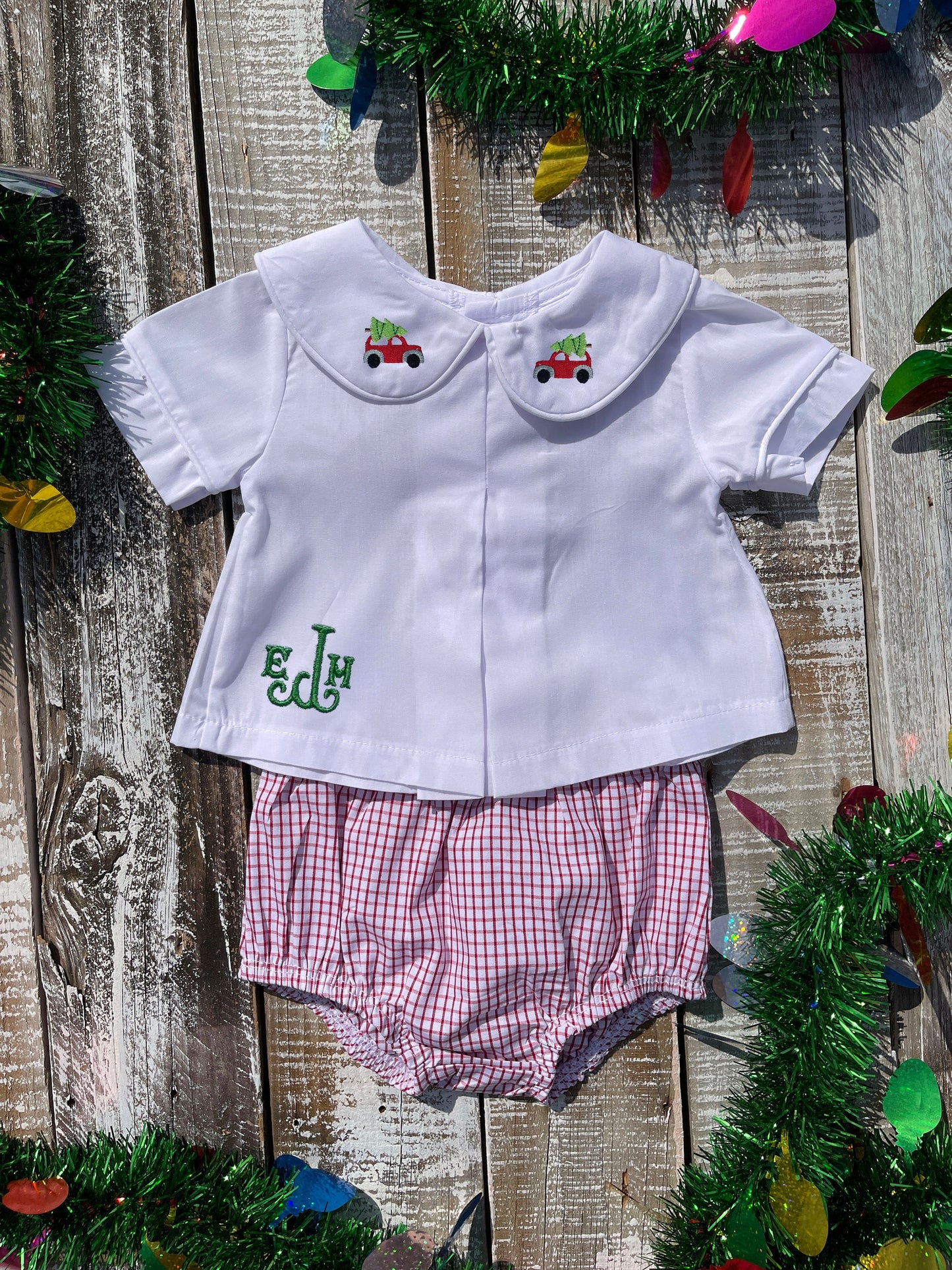 Custom Embroidered, Monogrammed, Personalized Hem, Christmas Mini Pleated Peter Pan Collar Shirt and Diaper Cover Set