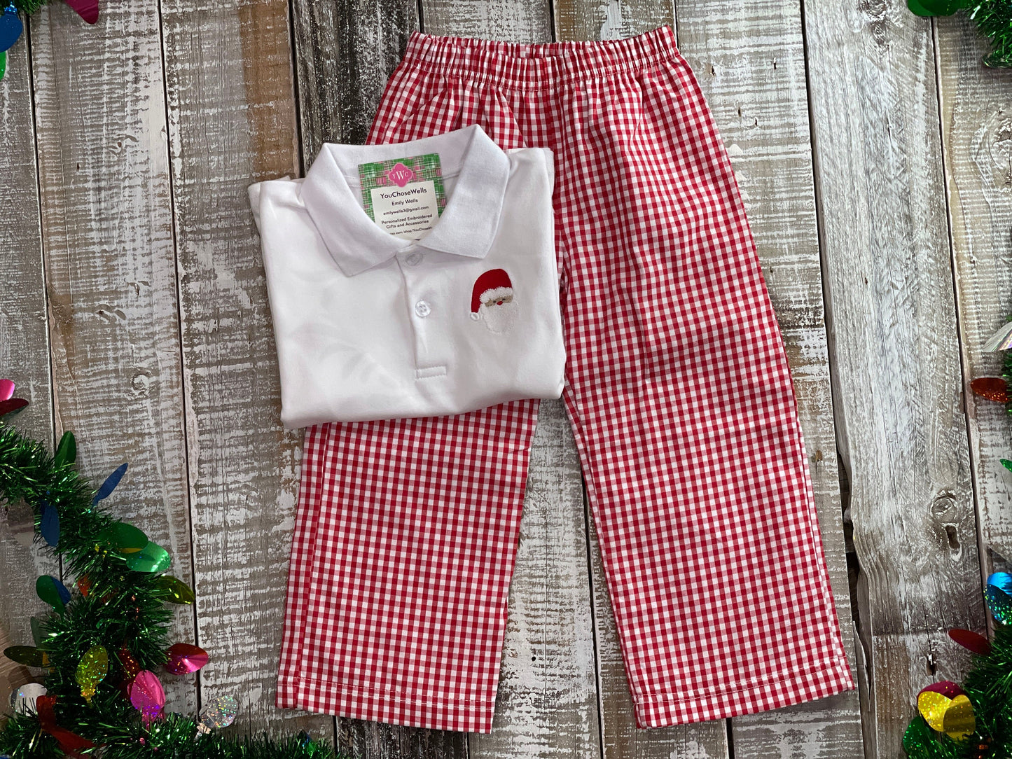 Custom Embroidered, Personalized Christmas Mini Polo Shirt and Red Gingham Pant Set