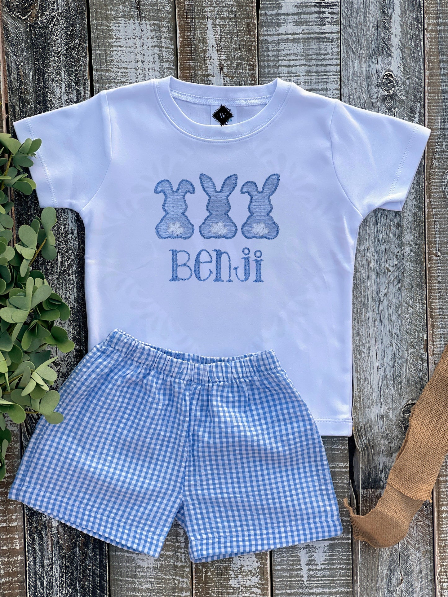 Custom Embroidered, Monogrammed, Personalized Bunny Trio Sketch Shirt and Blue Seersucker Gingham Short Set