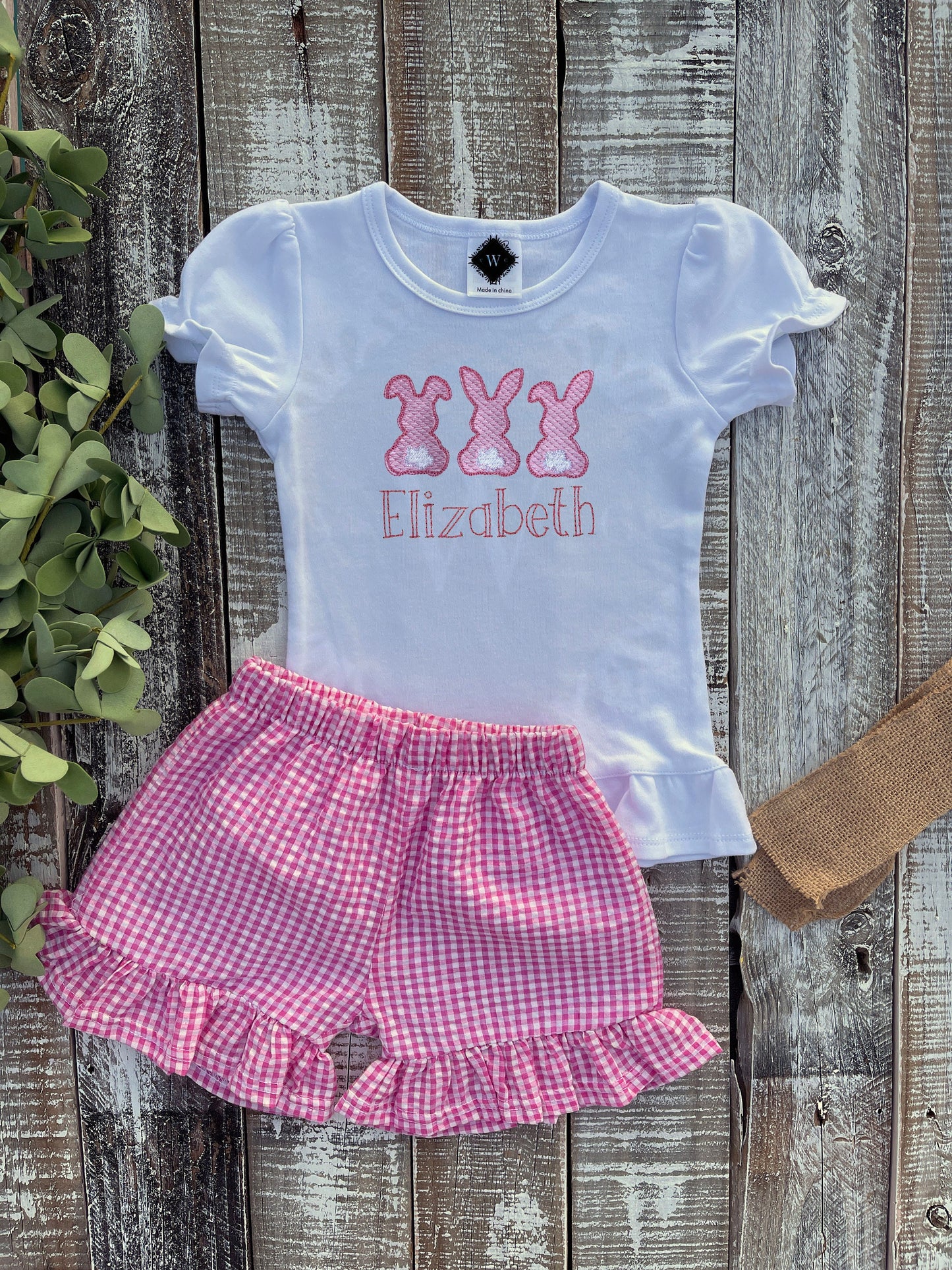 Custom Embroidered, Monogrammed, Personalized Bunny Trio Sketch Ruffle Shirt and Pink Seersucker Gingham Short Set