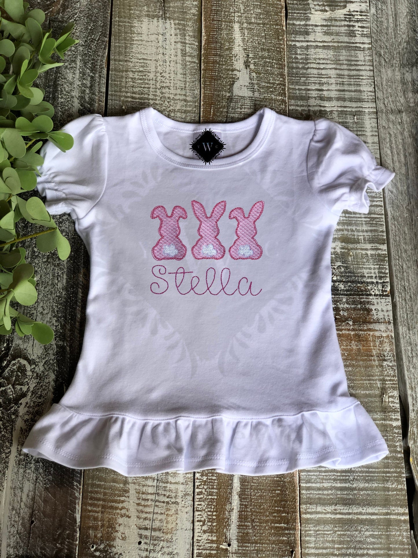Custom Embroidered, Monogrammed, Personalized Bunny Trio Sketch Ruffle Shirt and Pink Seersucker Gingham Short Set