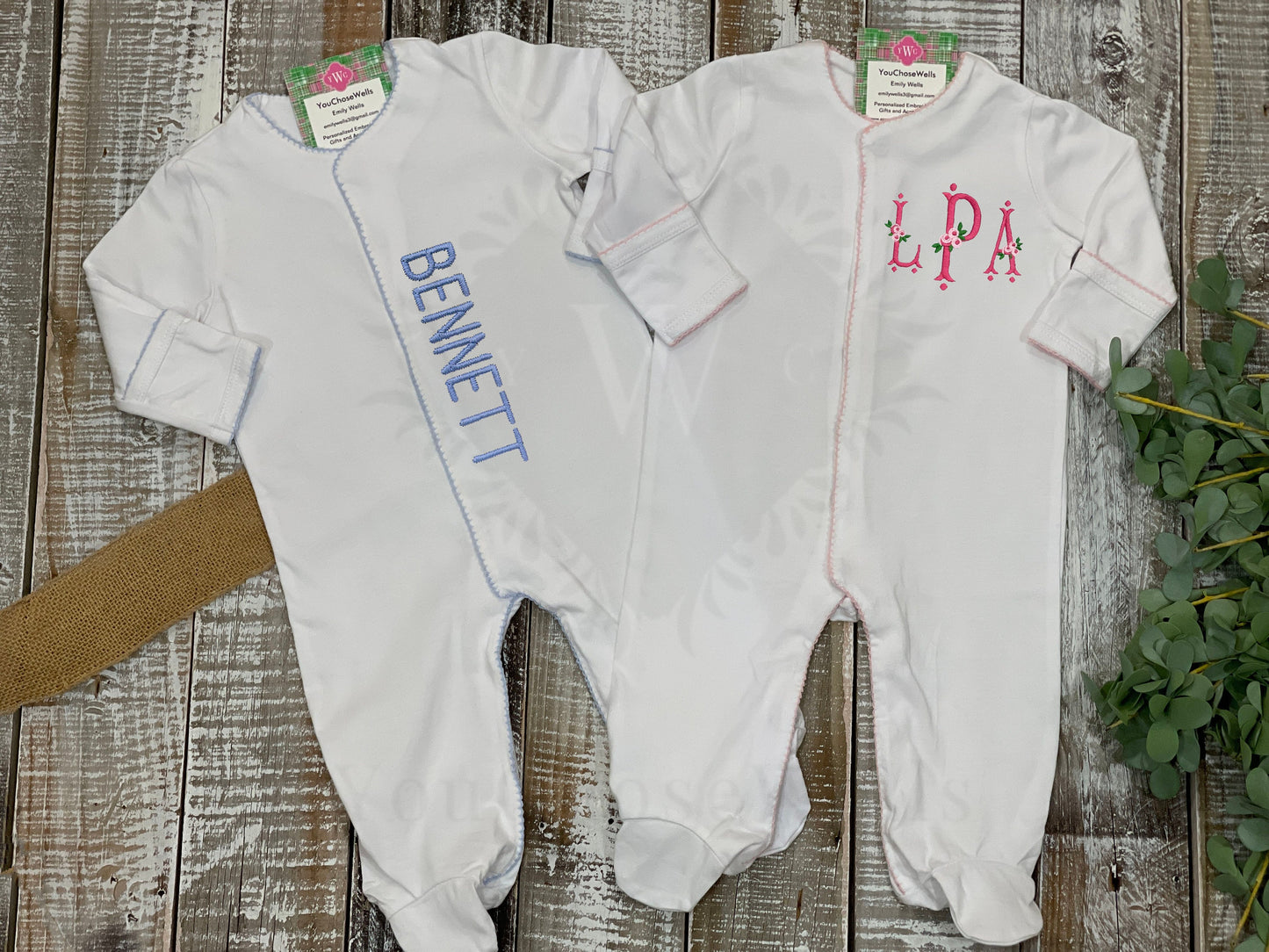 Custom Embroidered, Personalized, Monogrammed Picot Baby Footie, Hat, and Blanket