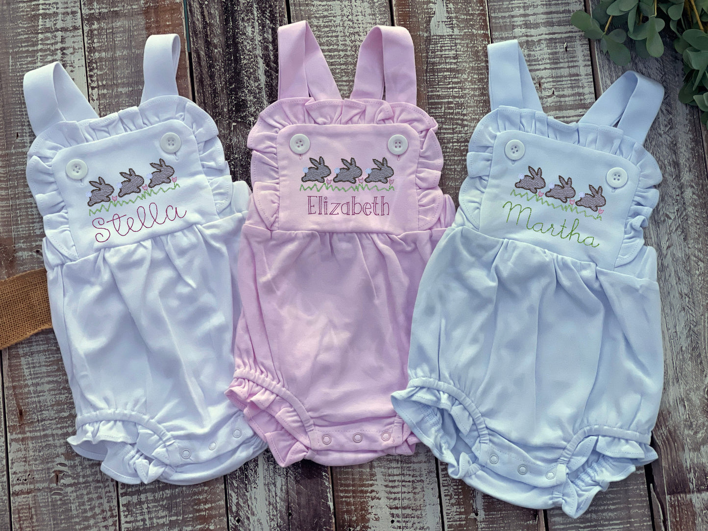 Custom Embroidered, Monogrammed, Personalized Bunny Running Trio Sketch Ruffle Pink, White, or Blue Bubble