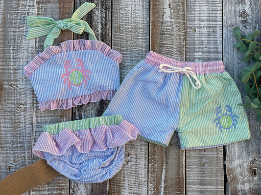 Monogrammed Seersucker Bathing Suit, Girl Seersucker Bathing Suit, Boy Seersucker Bathing Suit, Baby Girl, Baby Boy, Swimsuit, Embroidered