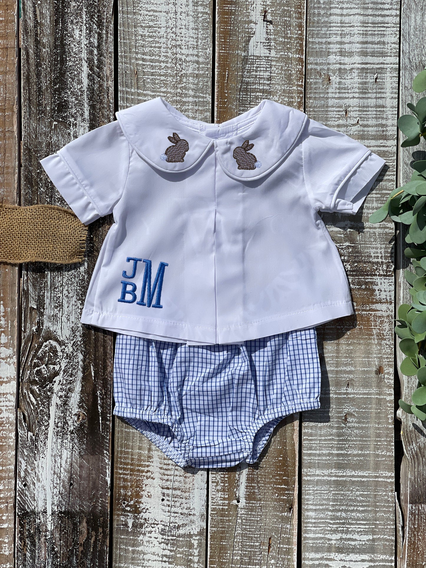 Custom Embroidered, Monogrammed, Personalized Spring Mini Pleated Peter Pan Collar Shirt and Diaper Cover Set