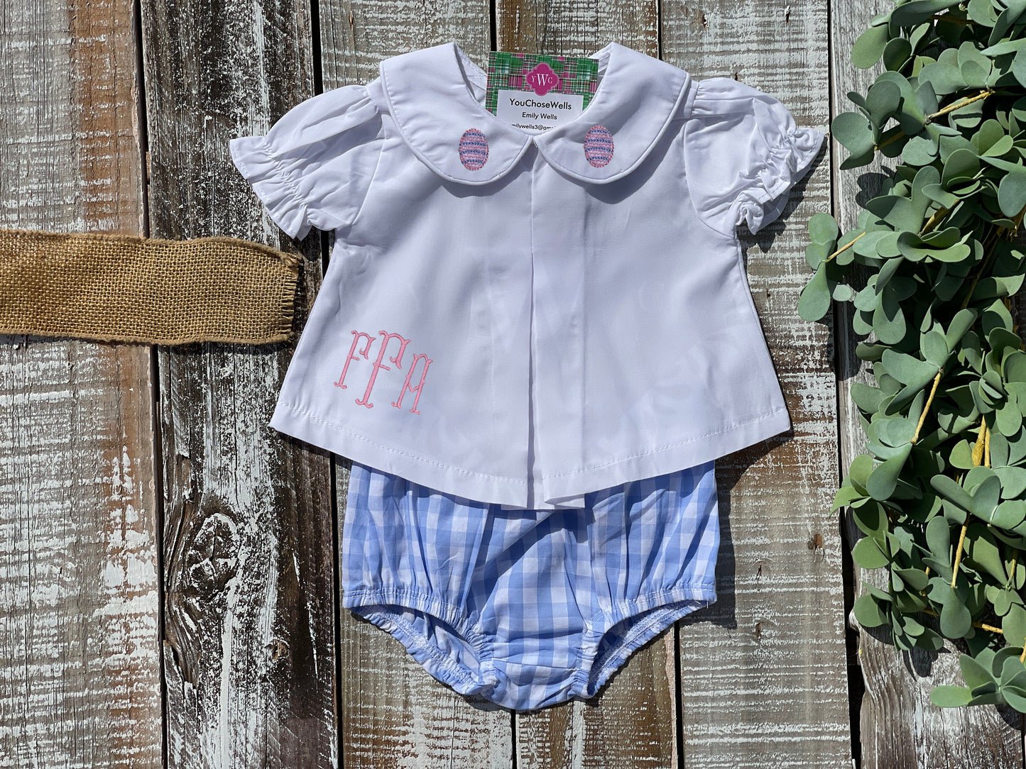 Custom Embroidered, Monogrammed, Personalized Spring Mini Pleated Peter Pan Collar Shirt and Diaper Cover Set