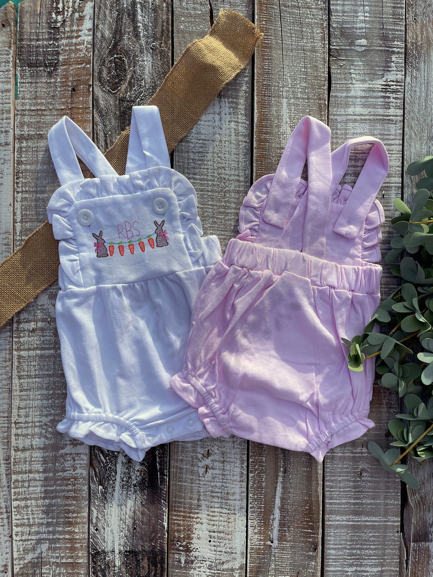 Custom Embroidered, Monogrammed, Personalized Bunny Carrot Sketch Frame Ruffle Pink, White, or Blue Bubble