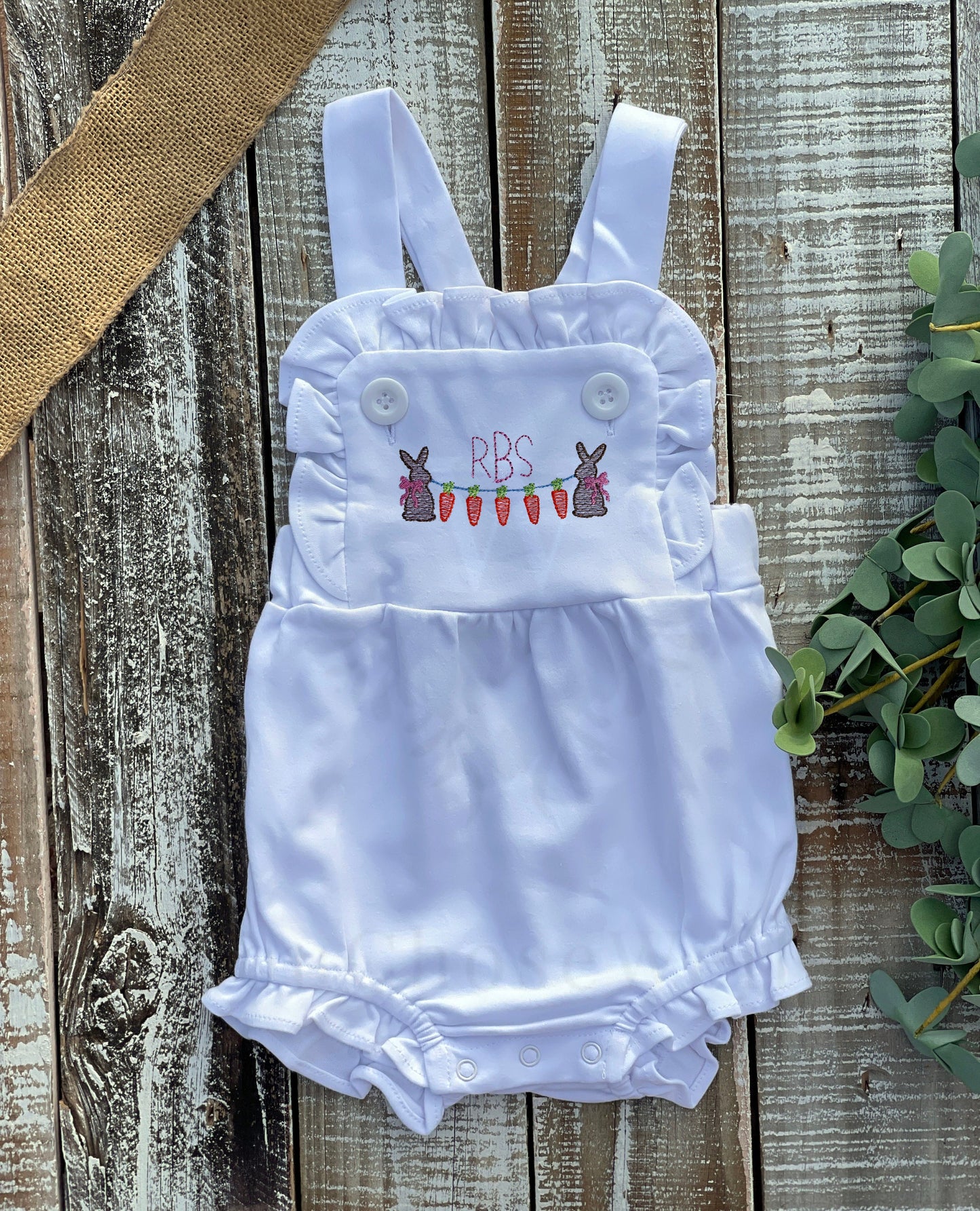 Custom Embroidered, Monogrammed, Personalized Bunny Carrot Sketch Frame Ruffle Pink, White, or Blue Bubble