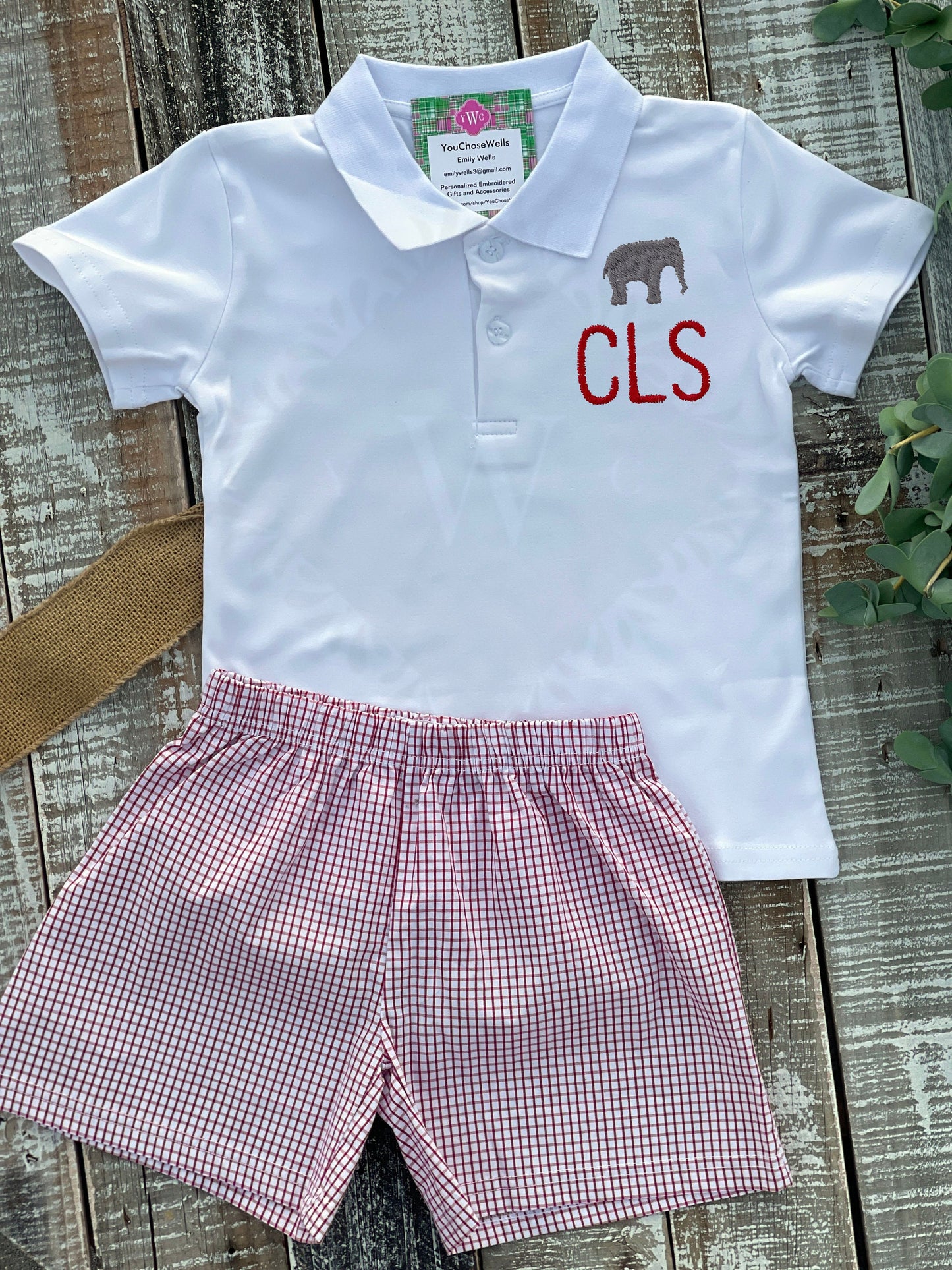 Custom Embroidered, Monogrammed Elephant Windowpane Bubble, Polo Shirt and Short Set, and Polo Shirt and Bloomer Set