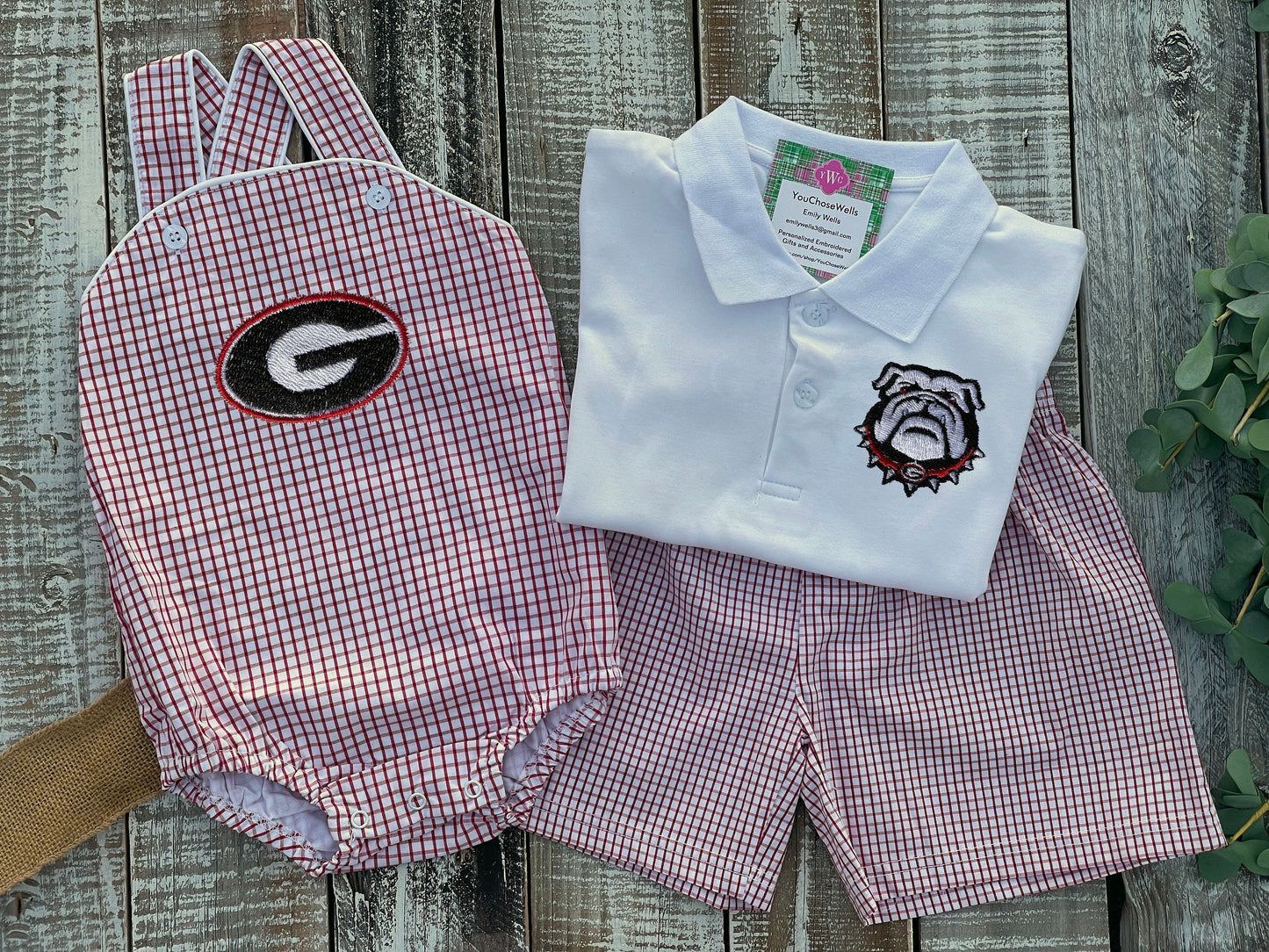 Custom Embroidered, Personalized Game Day G and Bulldog Windowpane Bubble, Polo Shirt and Short Set, and Polo Shirt and Bloomer Set