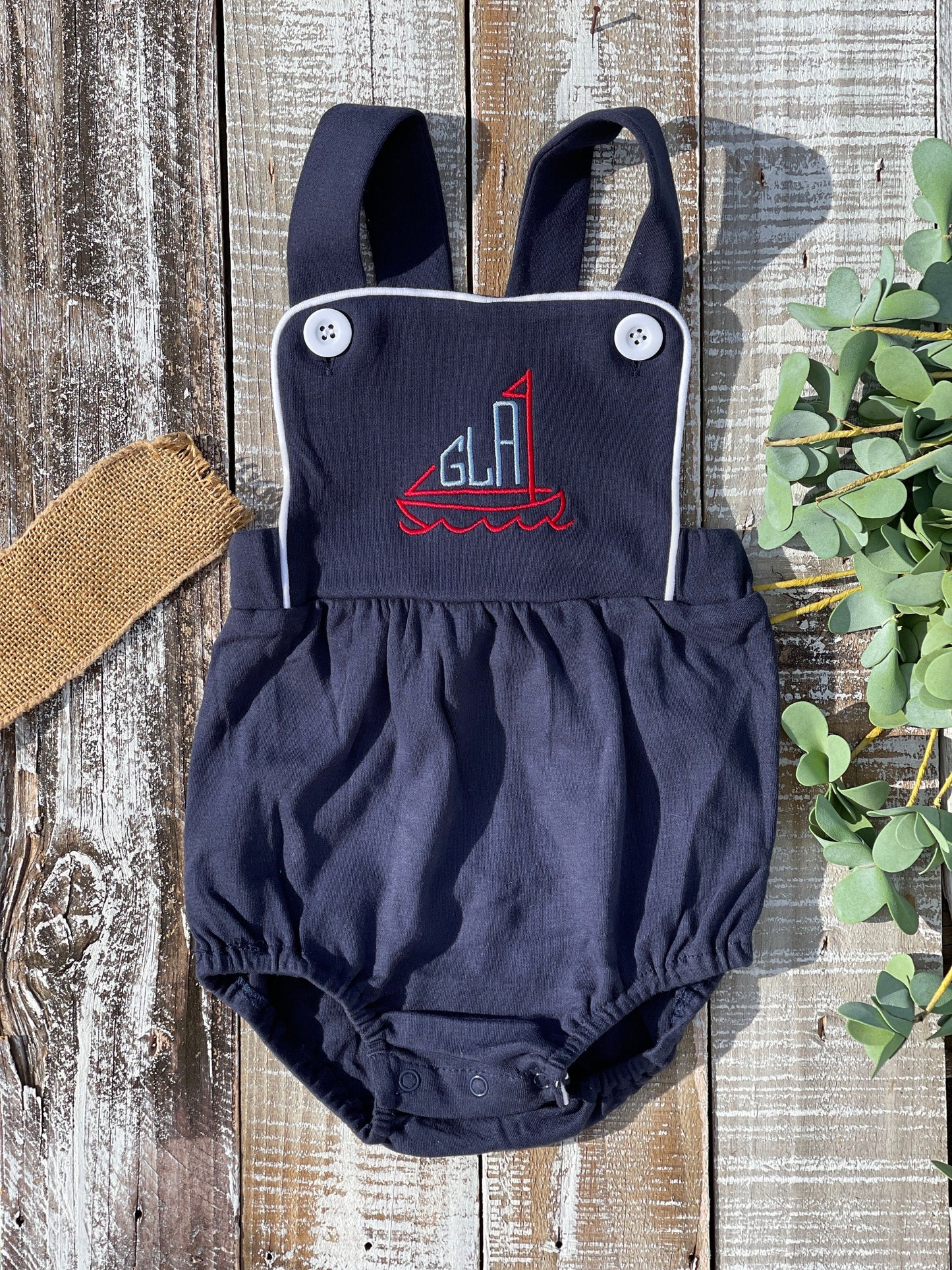 Custom Embroidered, Sailboat Monogram Navy, White, and Blue Bubble