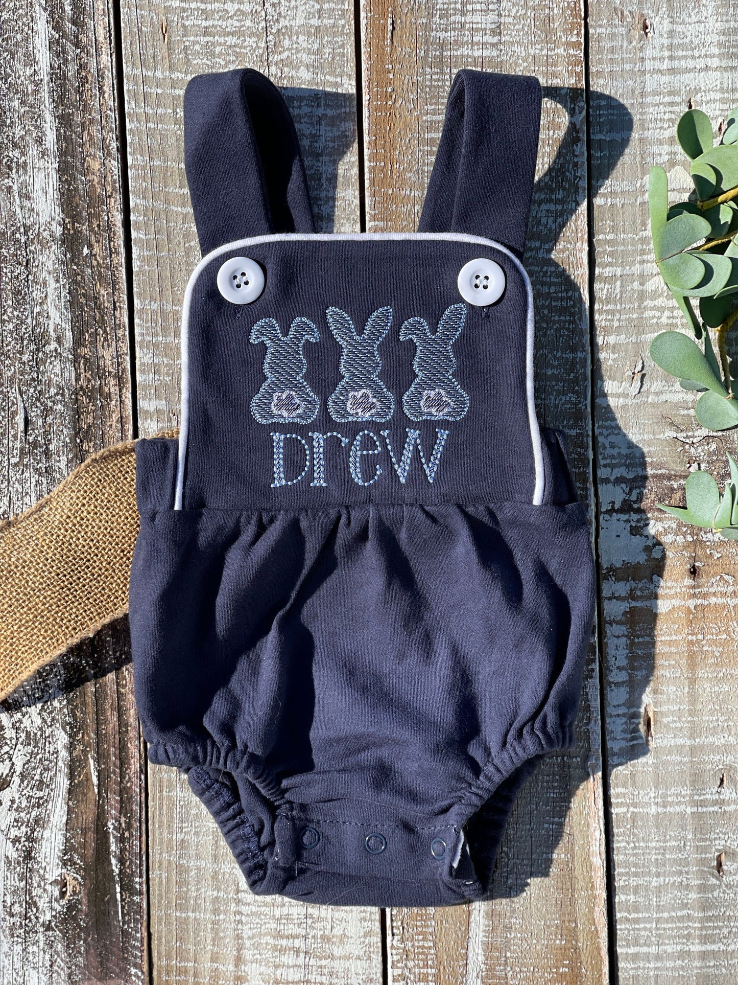 Custom Embroidered, Monogrammed, Personalized Bunny Trio Sketch Navy, White, or Blue Bubble