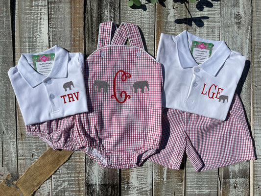 Custom Embroidered, Monogrammed Elephant Windowpane Bubble, Polo Shirt and Short Set, and Polo Shirt and Bloomer Set