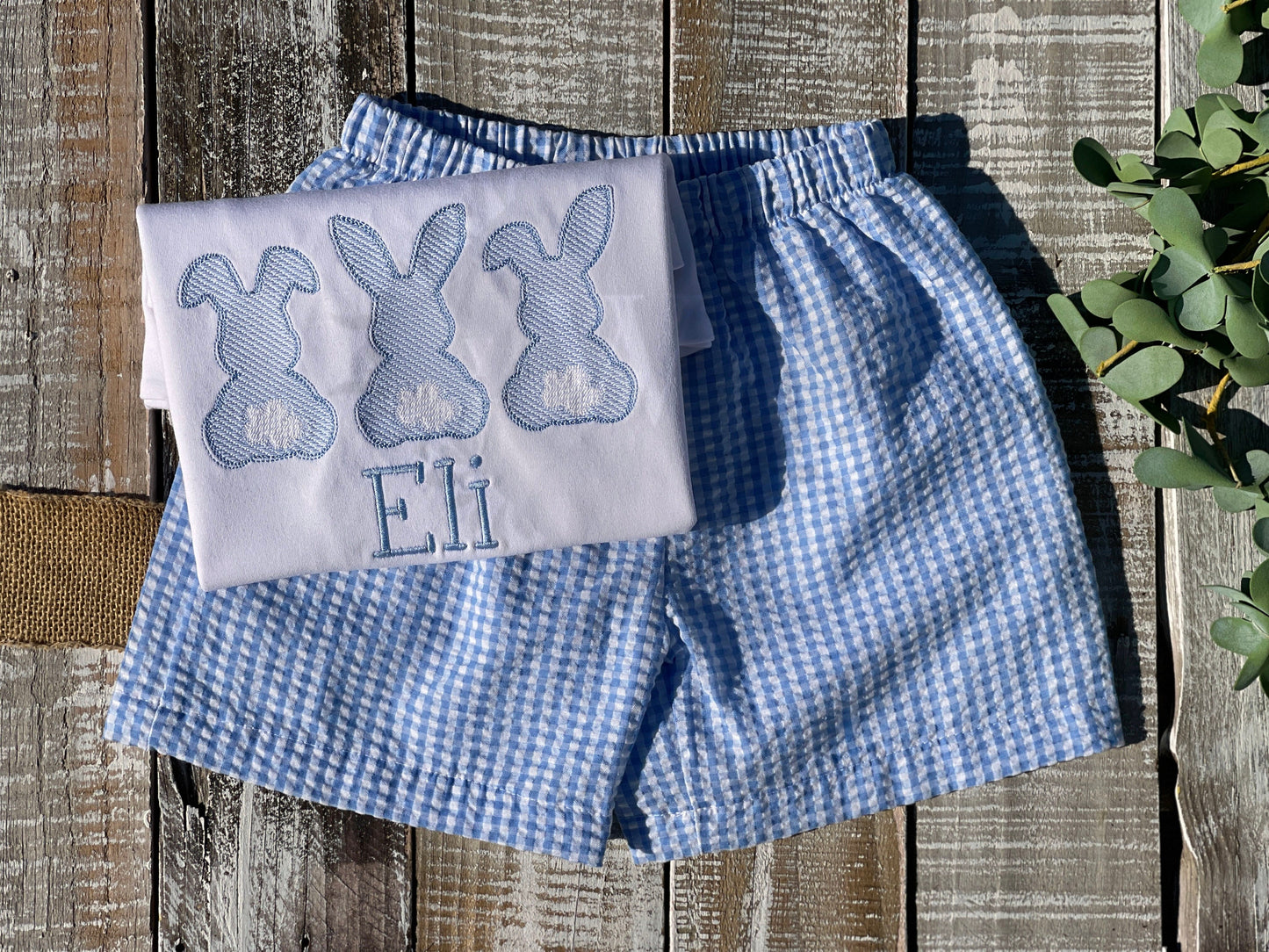 Custom Embroidered, Monogrammed, Personalized Bunny Trio Sketch Shirt and Blue Seersucker Gingham Short Set