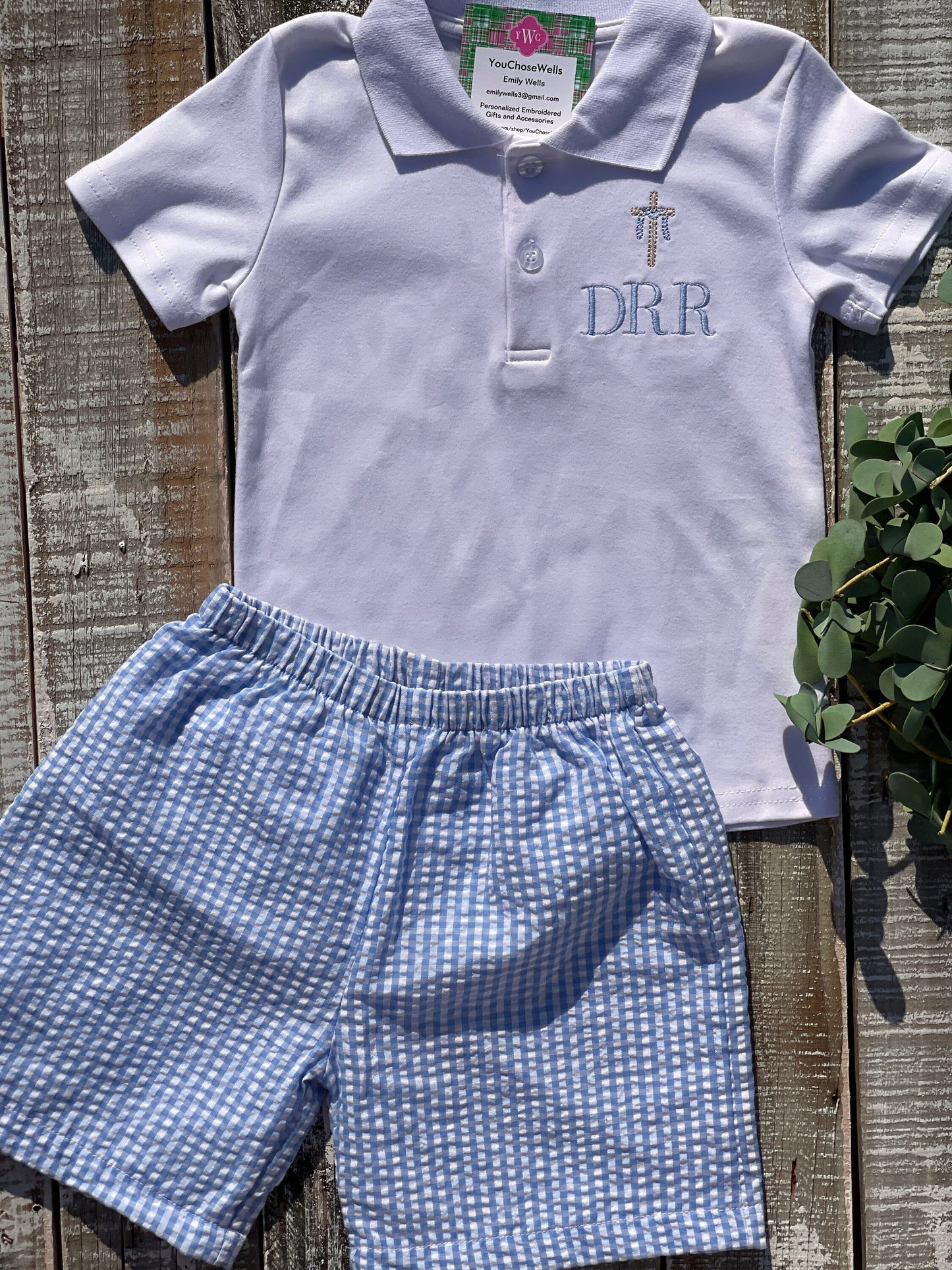 Custom Embroidered, Monogrammed, Personalized Spring Polo and Blue Seersucker Gingham Short Set