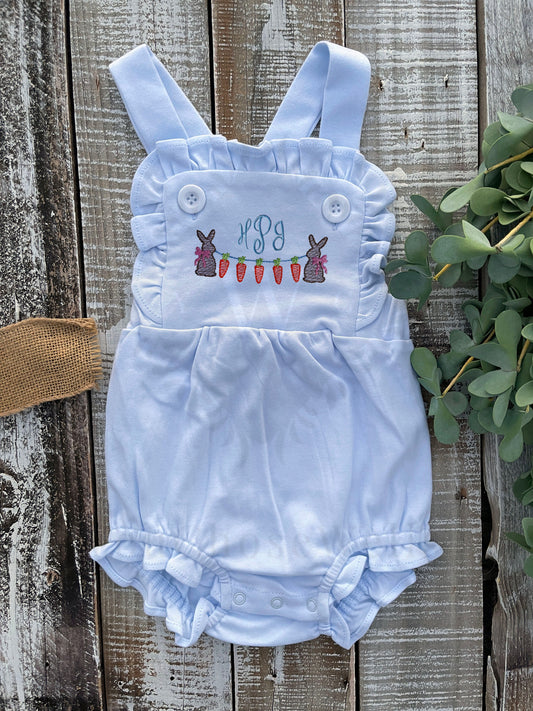 Custom Embroidered, Monogrammed, Personalized Bunny Carrot Sketch Frame Ruffle Pink, White, or Blue Bubble