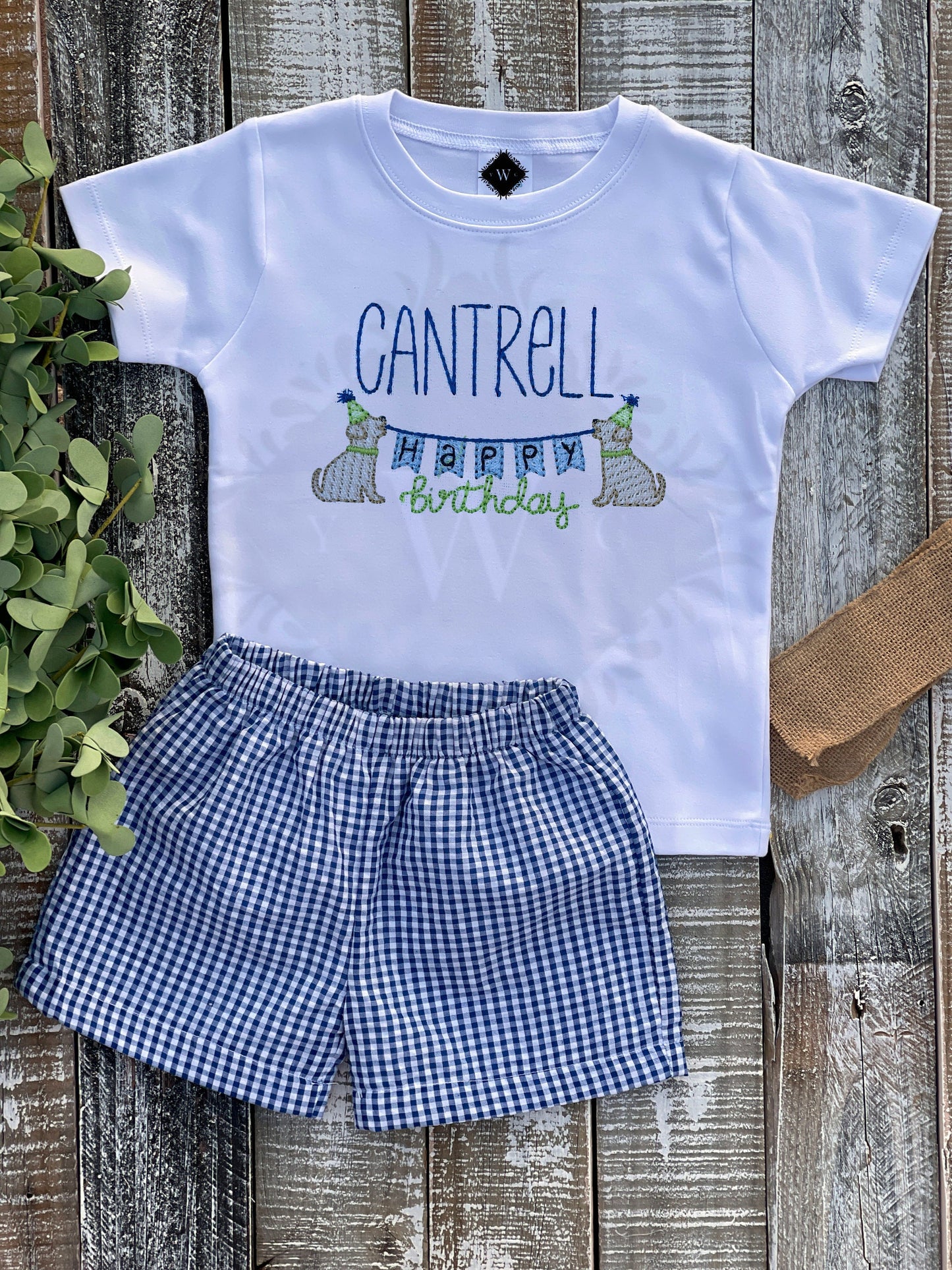 Personalized Boy Birthday Outfit, Custom Birthday Shirt and Short Set, Birthday Puppy Frame Shirt, Baby Boy, Navy, Blue Gingham Short Set