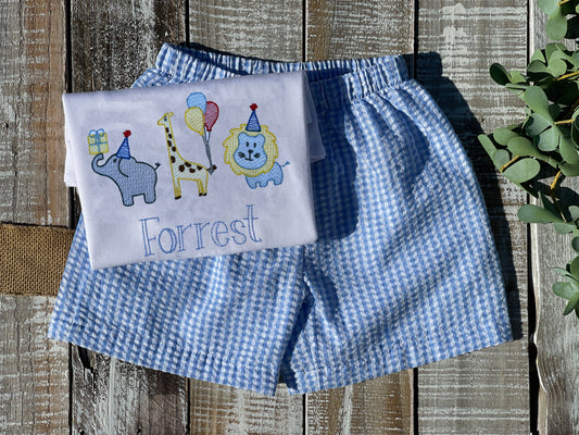 Personalized Boy Birthday Outfit, Custom Birthday Shirt and Short Set, Birthday Safari Zoo Shirt, Baby Boy, Red, Blue Gingham Short Set