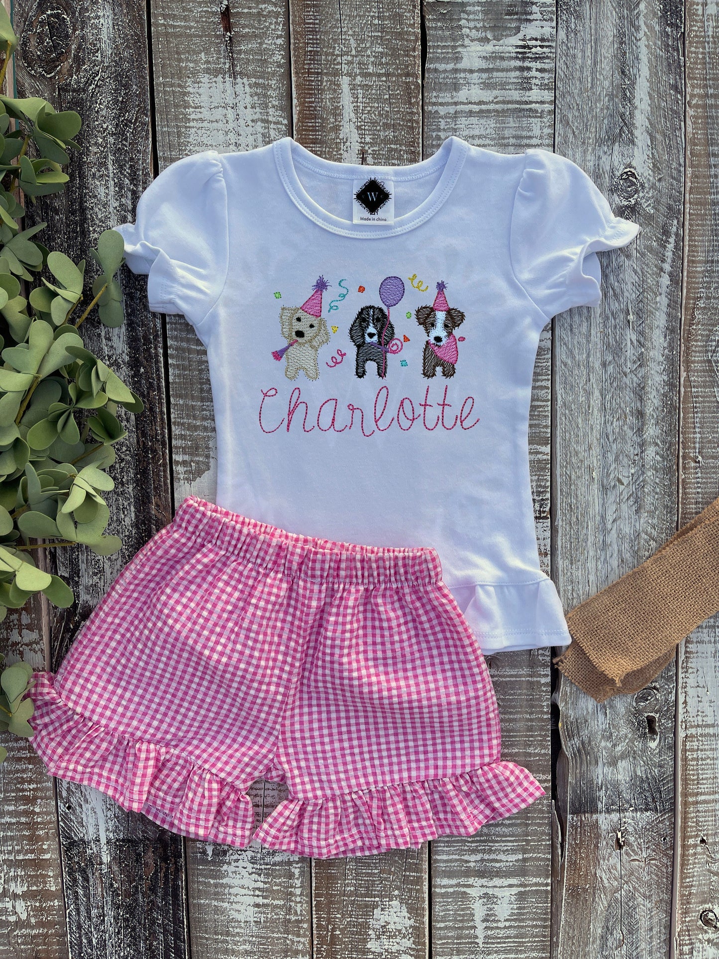 Personalized Girl Birthday Outfit, Custom Birthday Shirt and Ruffle Short Set, Birthday Puppy Shirt, Baby Girl, Pink Gingham Short Set