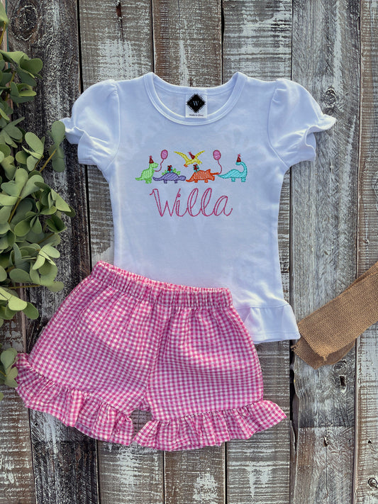 Personalized Girl Birthday Outfit, Custom Birthday Shirt and Ruffle Short Set, Birthday Dinosaur Shirt, Baby Girl, Pink Gingham Short Set