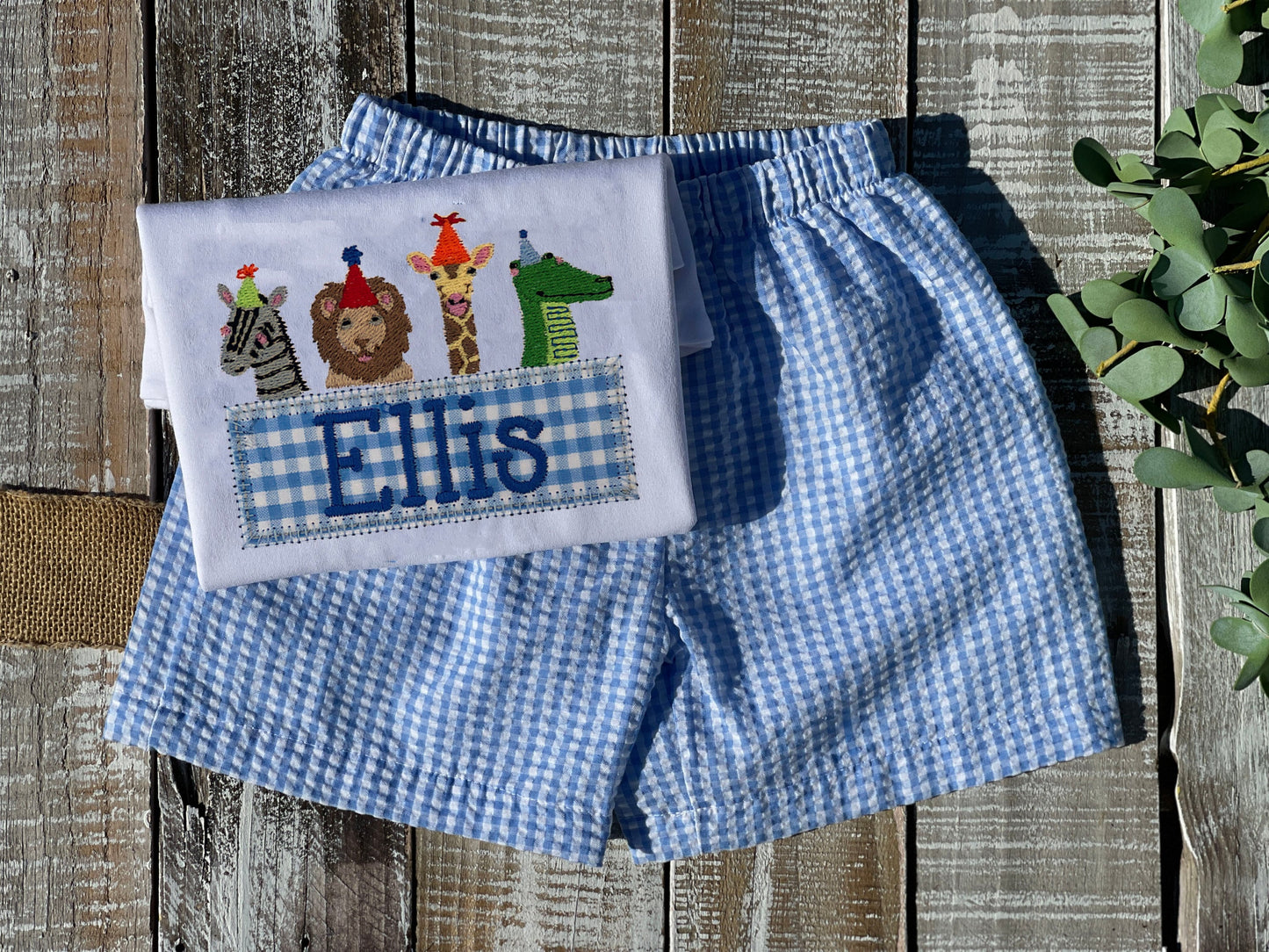 Custom Embroidered, Personalized Zoo Birthday Applique Shirt and Seersucker Gingham Short Set