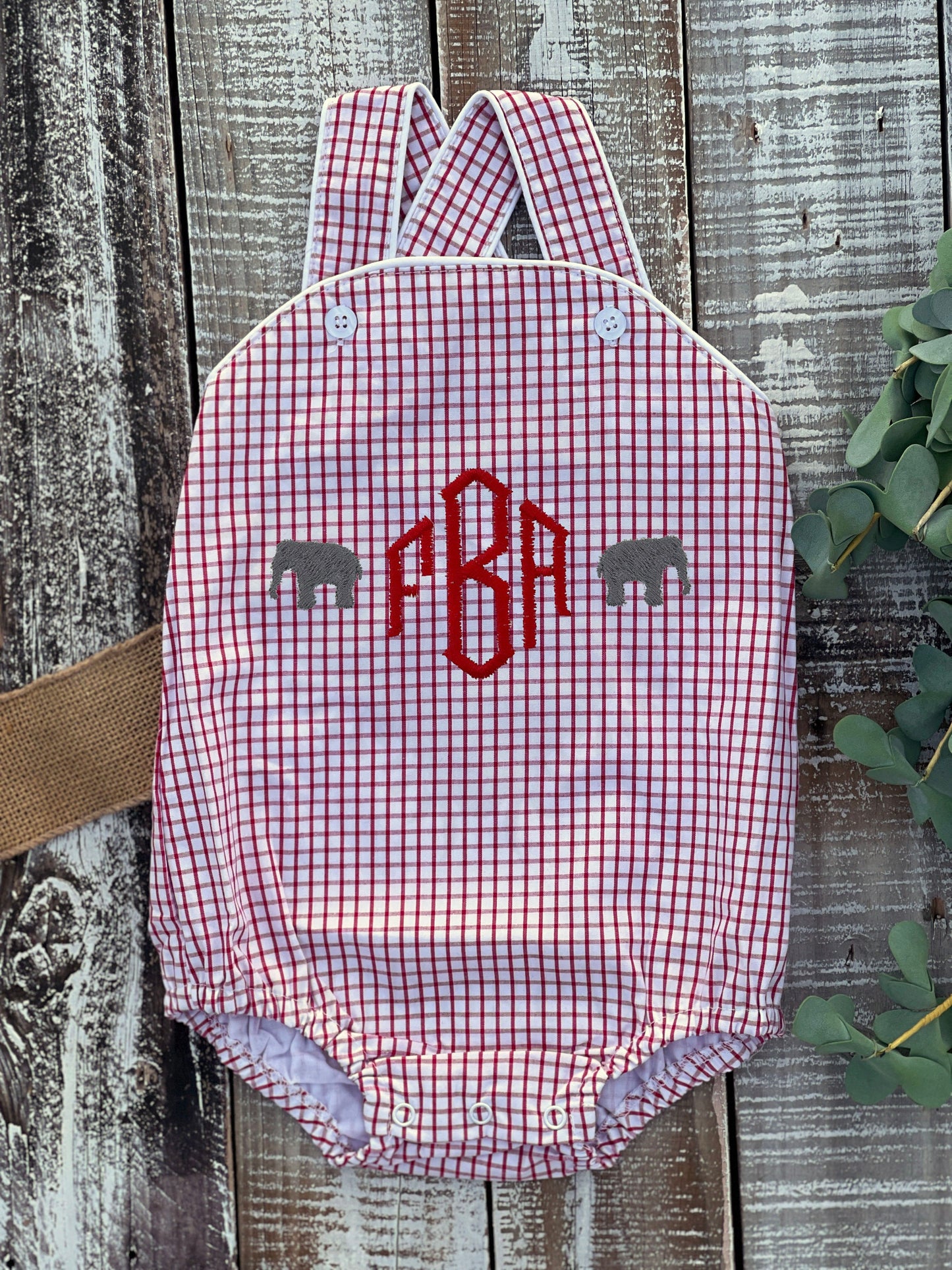 Custom Embroidered, Monogrammed Elephant Windowpane Bubble, Polo Shirt and Short Set, and Polo Shirt and Bloomer Set