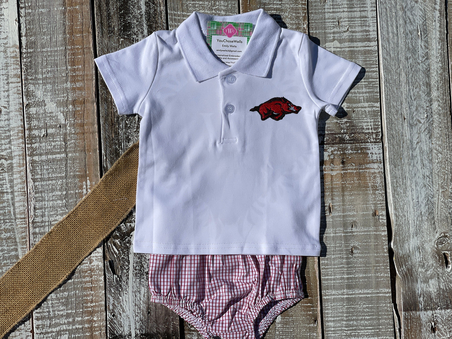 Custom Embroidered, Monogrammed, Personalized Hog Windowpane Bubble, Polo Shirt and Short Set, Polo Shirt and Bloomer Set