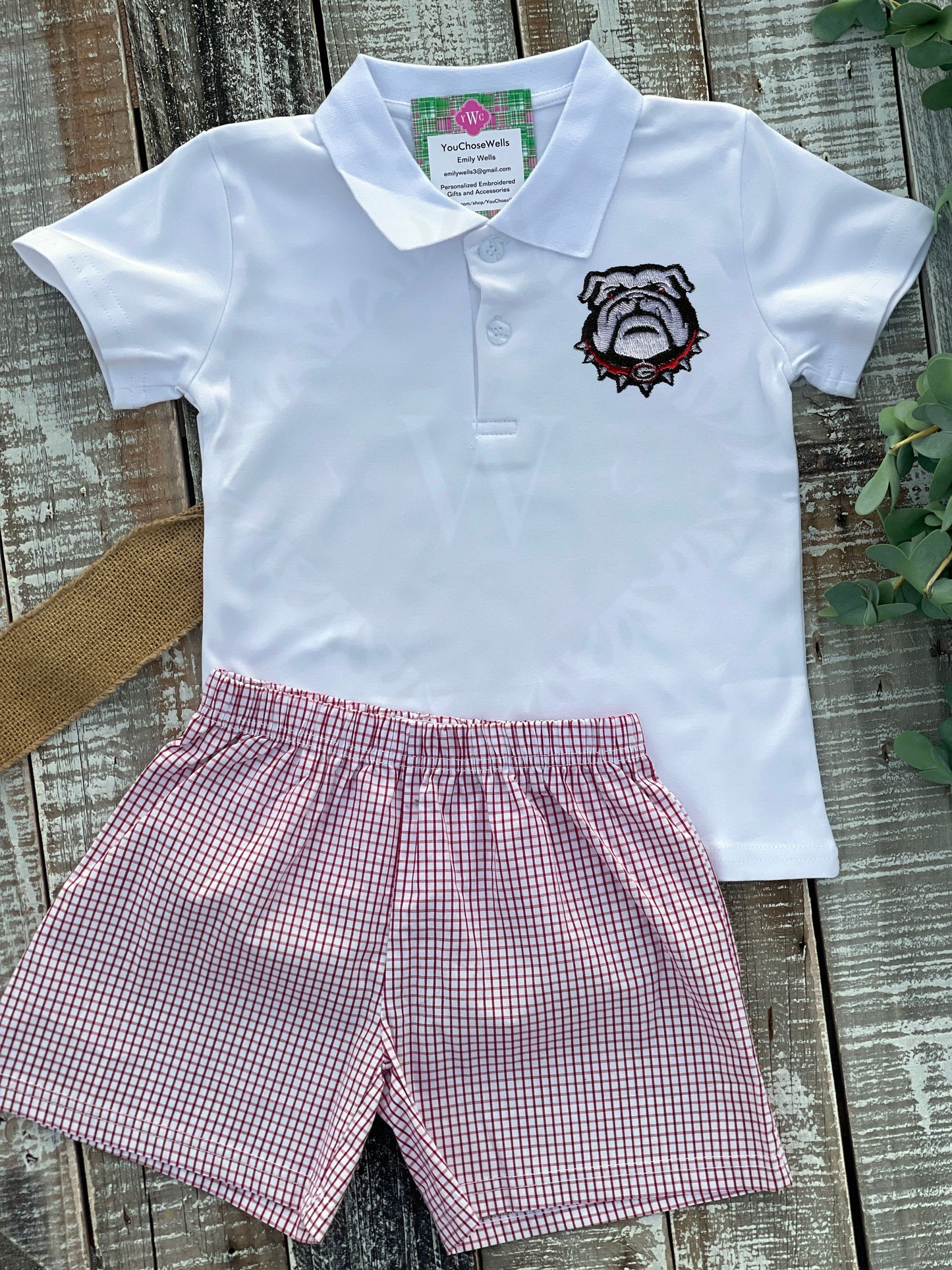 Custom Embroidered, Personalized Game Day G and Bulldog Windowpane Bubble, Polo Shirt and Short Set, and Polo Shirt and Bloomer Set