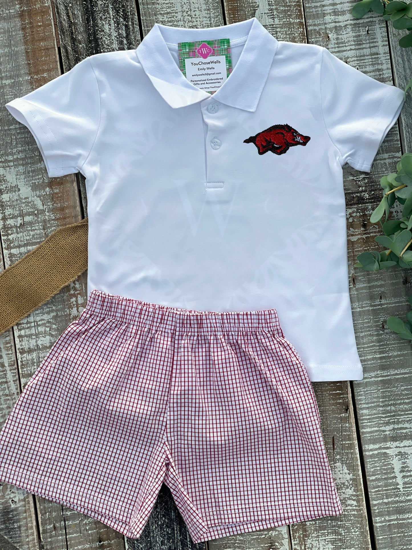 Custom Embroidered, Monogrammed, Personalized Hog Windowpane Bubble, Polo Shirt and Short Set, Polo Shirt and Bloomer Set