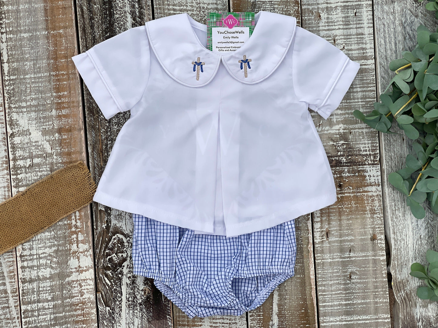 Custom Embroidered, Monogrammed, Personalized Spring Mini Pleated Peter Pan Collar Shirt and Diaper Cover Set