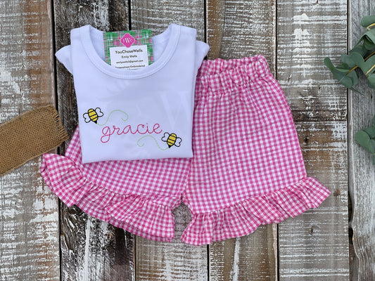 Girls/Baby Bees Monogram Shirt with Ruffle Shirt and Pink Seersucker Short Set