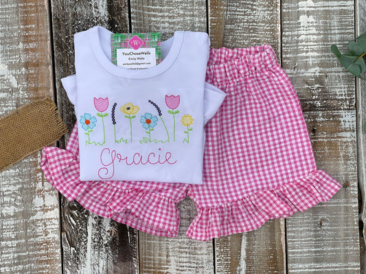 Custom Embroidered, Personalized Flower Sketch Ruffle Shirt and Pink Seersucker Gingham Short Set