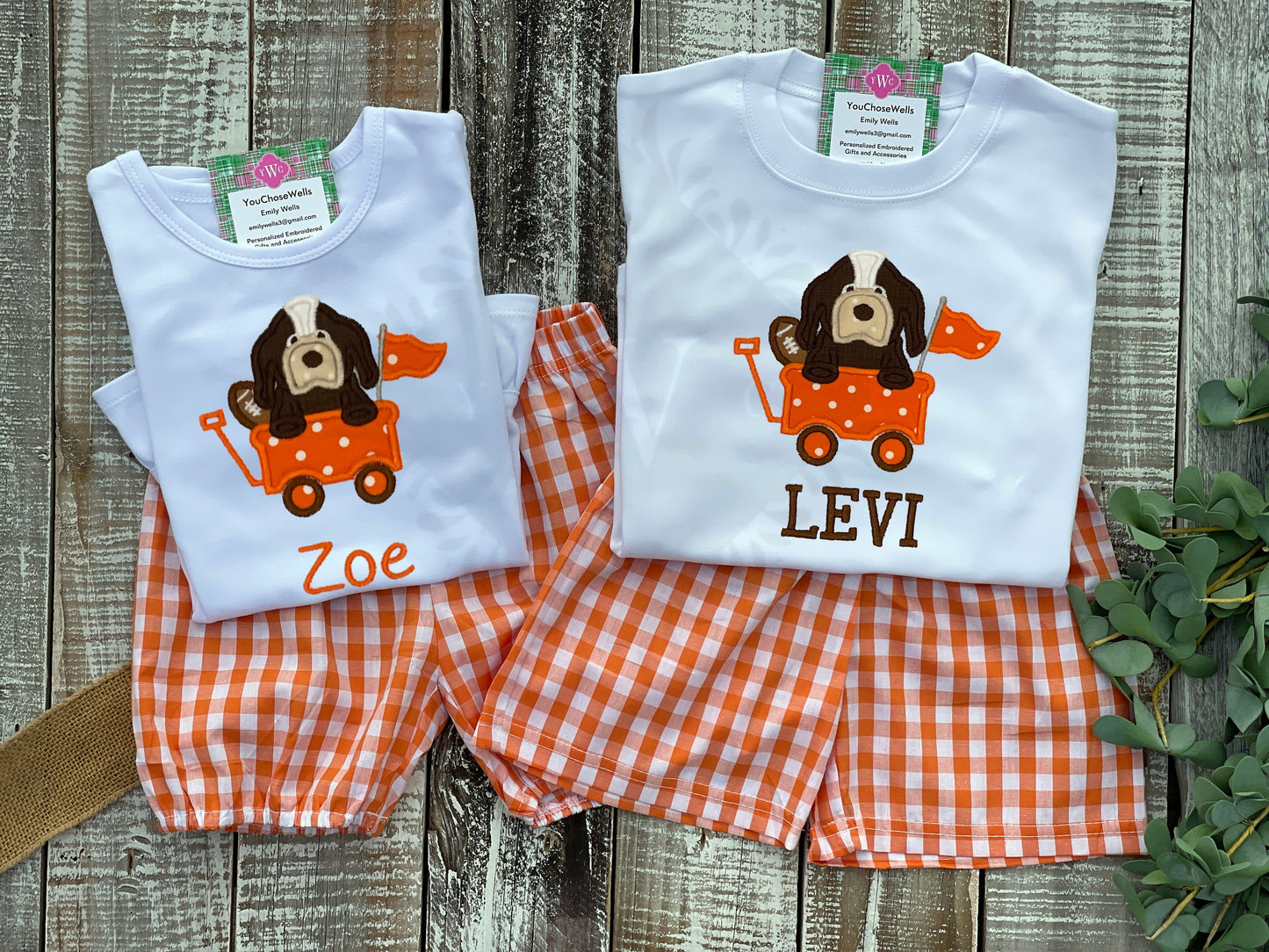 Custom Embroidered, Monogrammed, Personalized Game Day Hound with Football Applique Shirt and Orange Gingham Short Set